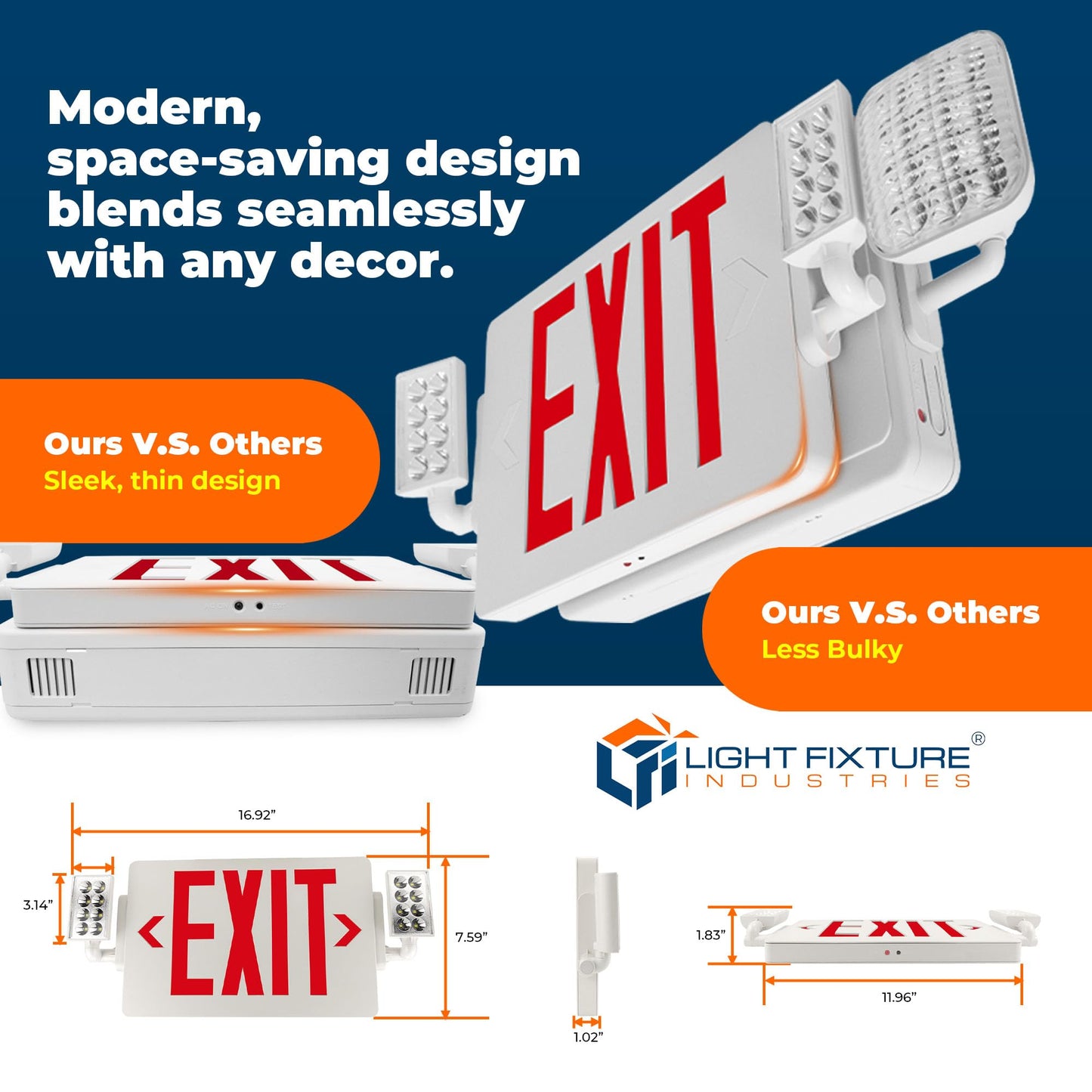 LFI Lights® Thin COMBO UL 924 Listed, Red LED, Exit Sign with Emergency Lights, White, 120-277VAC Hardwired with Battery Backup, Optional Double Face and Knock Out Arrows COMBOTRWBB