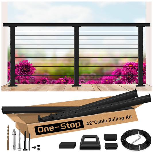 Zylorix 4ft-8ft Complete Set 42" Deck Cable Railing System with Handrail Cuttable, Modular T304 Stainless Steel Black Level Drilled Cable Railing Posts Kit with 1/8" Cable Railing Hardware