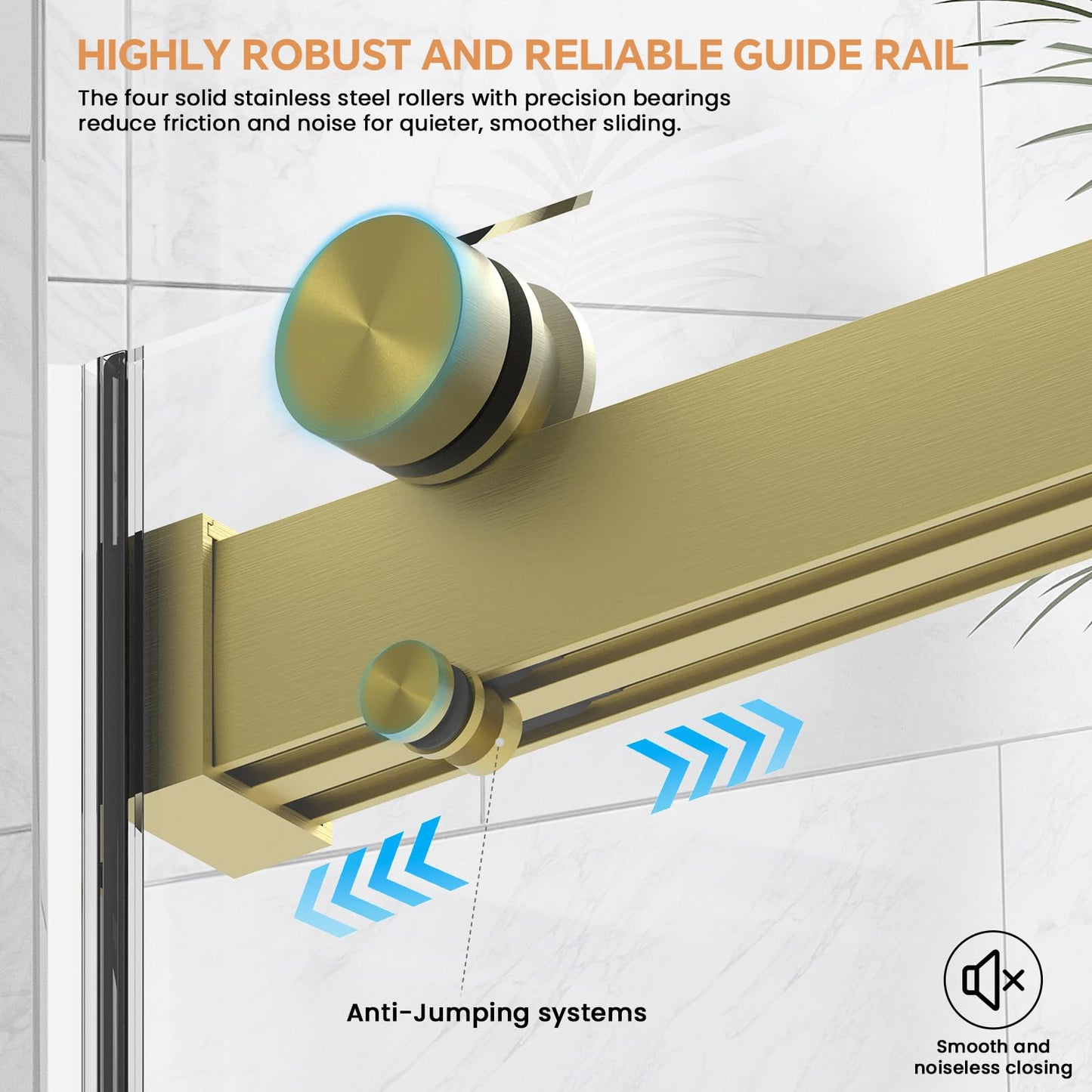AquivaCoast Frameless Shower Door, 56-60 in W x 76 in H, Soft-Close Double Sliding Shower Door, 5/16" (8mm) Clear Tempered Glass with Double Rollers, Brushed Gold