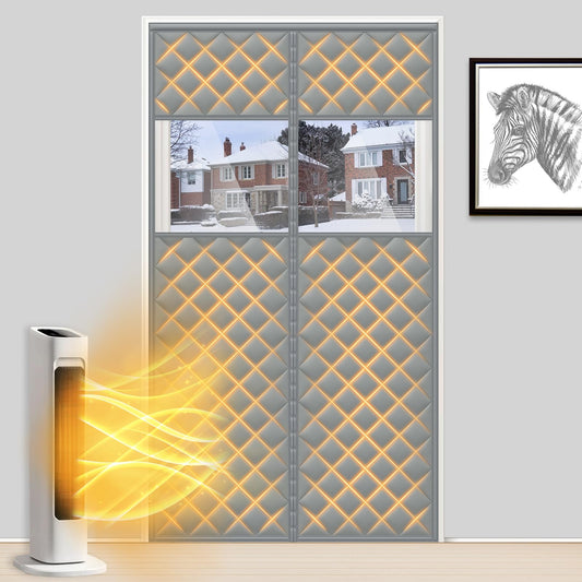 MAGZO Magnetic Thermal Insulated Door Curtain with Perspective Window, 38" x 82", Oxford Filled with Thicken Cotton, Insulation Cover Blanket for Winter/Extra-Wide ‌Entry‌ Door, Keep Cold Out, Grey