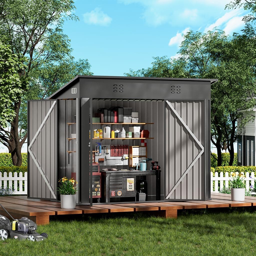 COMHOMA Shed Outdoor Storage Shed Metal,Lockable Doors Tool Sheds with Sloping Roof,Steel Garden Shed with Air Vent for Backyard,Patio,Lawn,Poolside(Grey,8'*4')