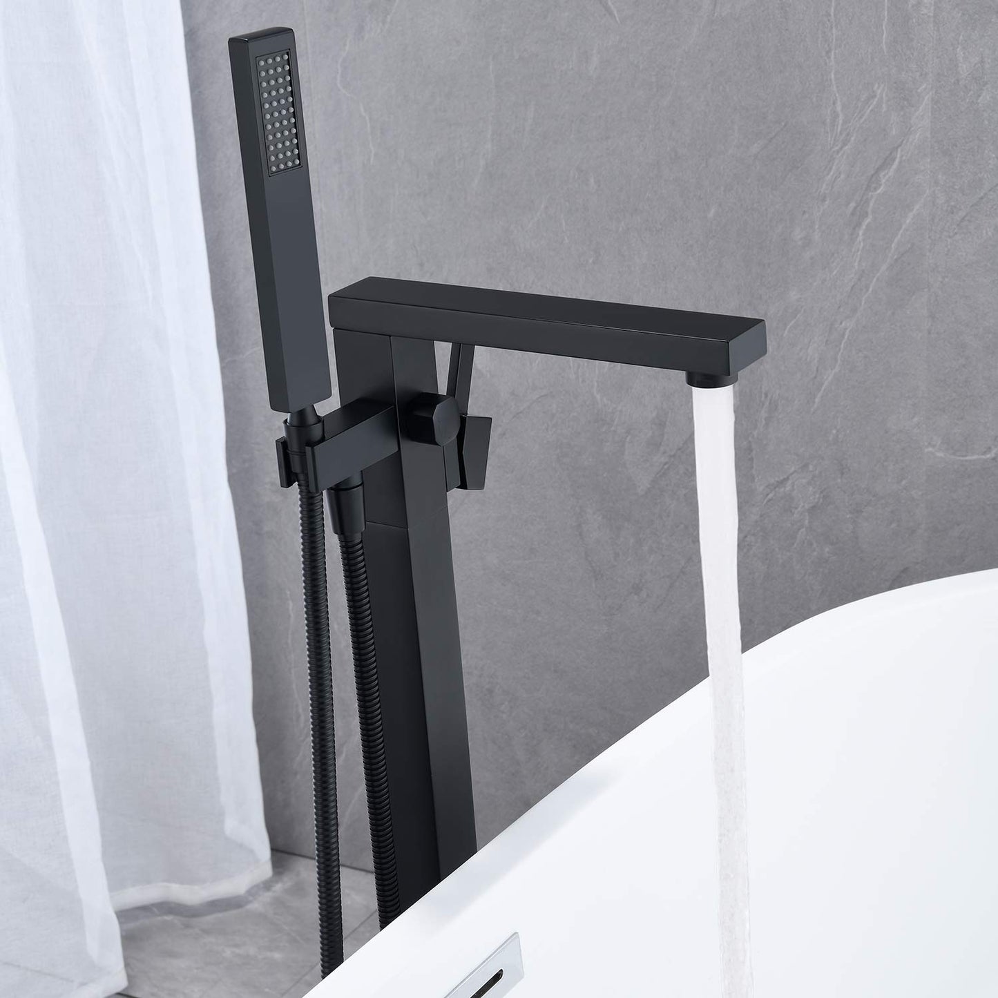 Wowkk Freestanding Bathtub Faucet Tub Filler Black Floor Mount Bathroom Faucets Brass Single Handle with Hand Shower