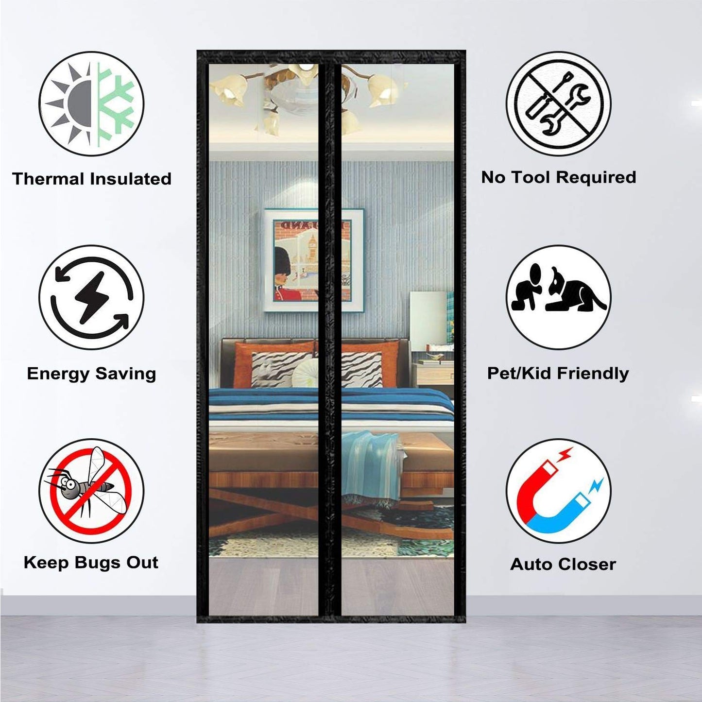 Transparent Insulated Curtain-Magnetic Thermal Cover, Screen Self-Closing Privacy Screen Hands Free for Patio, Kitchen, Bedroom, Air Conditioner Room, Fits Doors up to 34" x 80"