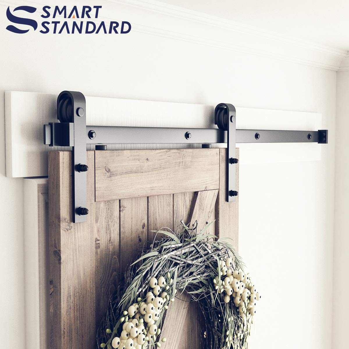 SMARTSTANDARD 5 Feet Heavy Duty Sturdy Sliding Barn Door Hardware Kit-Smoothly and Quietly-Includes Detailed Installation Fit 30" Wide Doorpanel (J Shape Hanger) Black