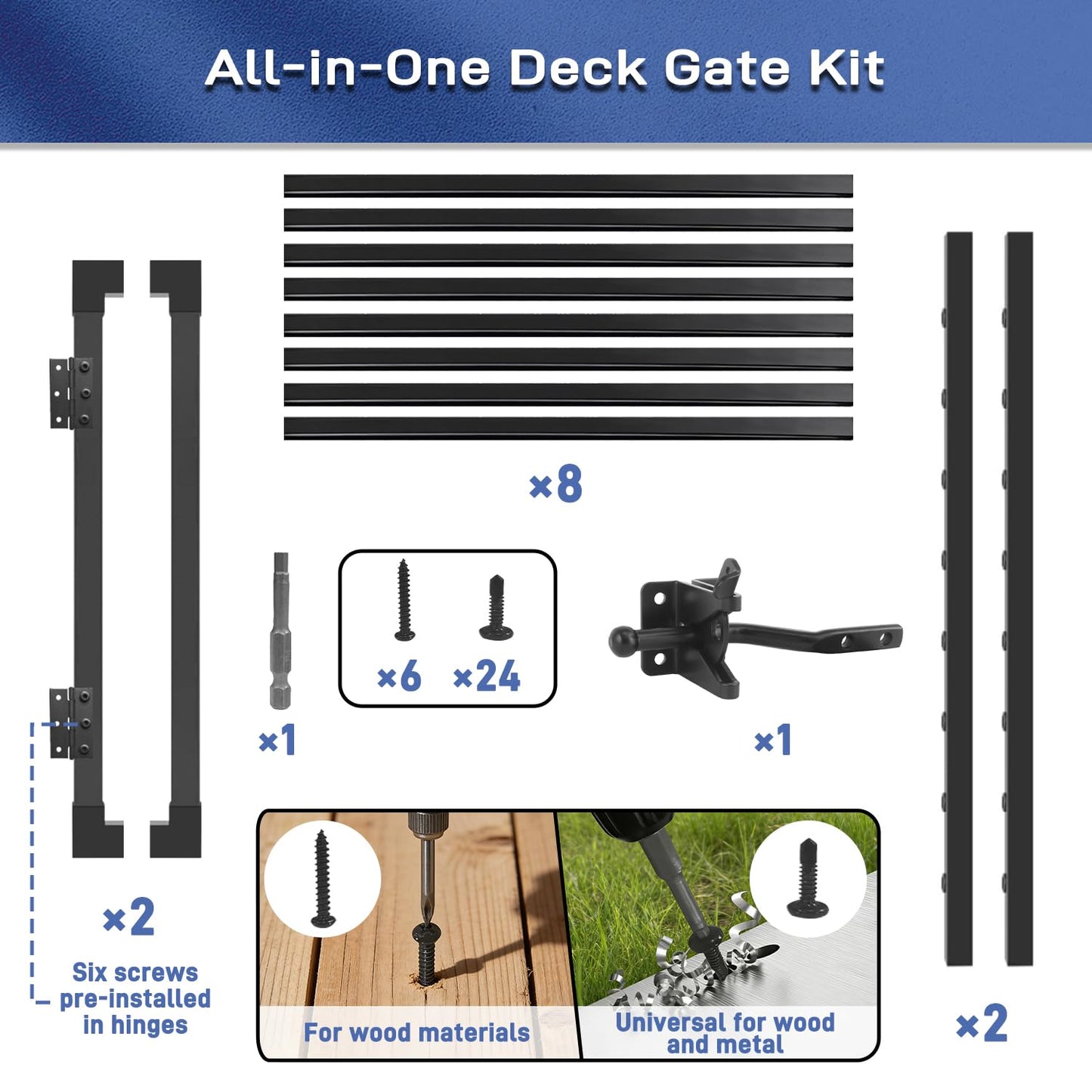 Avalution Deck Fence Gate Outdoor,32" H x 48" W, Metal Fence Gate Kit,Heavy Duty Outdoor Gates with Hinges and Latch,Anti-Rust Deck Gates for Decks,Patio,Garden,Yard,Residential Fences