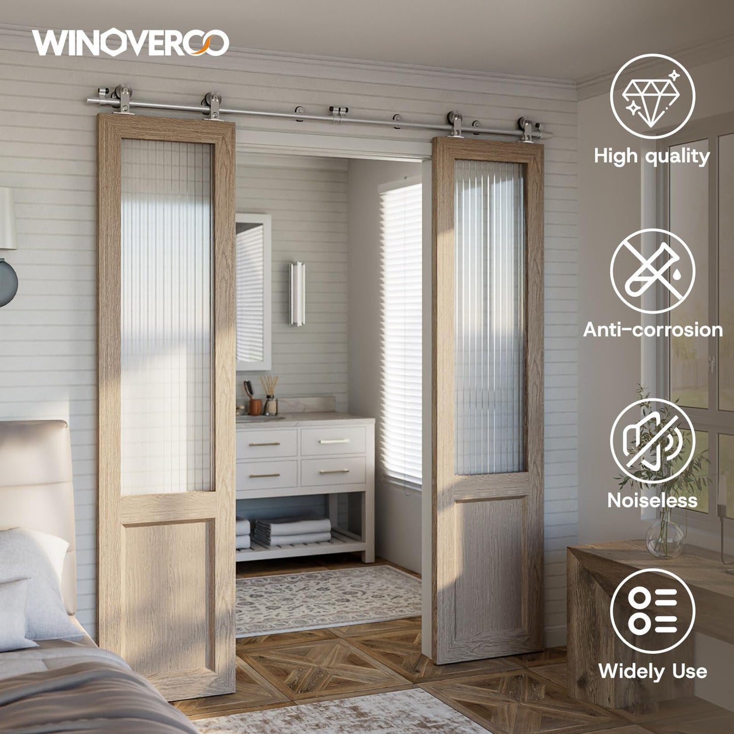 WINOVERCO 96"/8FT Top Mount Sliding Barn Door Hardware Kit Stainless Steel, Heavy Duty, Smoothly and Quietly, Barn Door Track Fit Max. 24.5"×2 Wide Double Door, Easy to Install (Panel not Included)