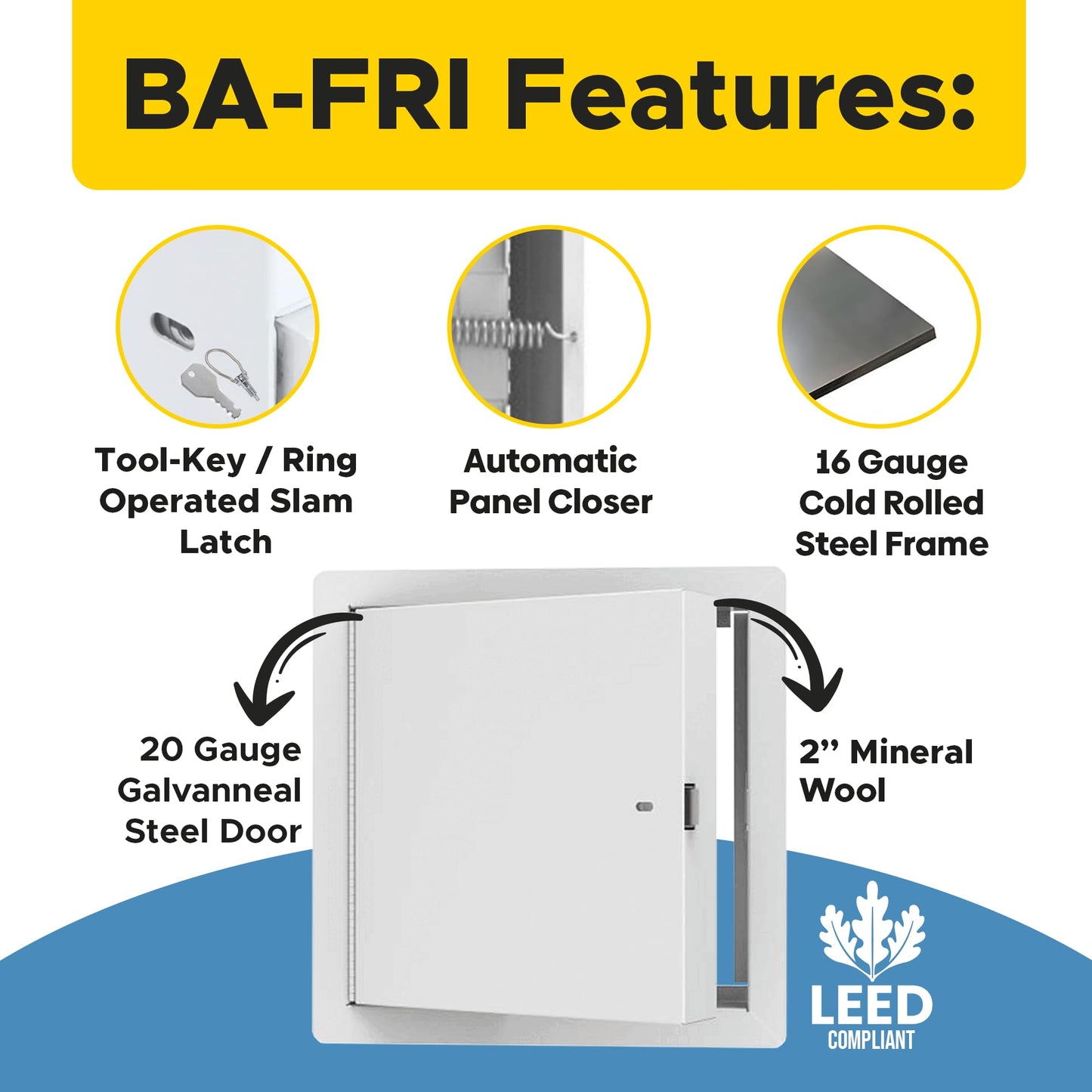 Best 24" x 24" Insulated Fire Rated Metal Access Door with Flange – 20-Gauge Galvanneal Steel Wall Access Panel, 2" Mineral Wool Insulation, White Powder-Coat Finish, LEED Compliant, BA-FRI