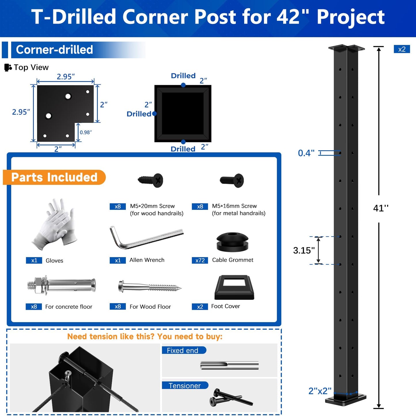 Zylorix 2Pack 42" 3-Sides Cable Railing Corner Post T304 Stainless Steel 90° T-drilled Post, 41"x2"x2" Surface Mount Fixed Top Black Cable Railing System Kit for Decks Balconys with Wire Grommets