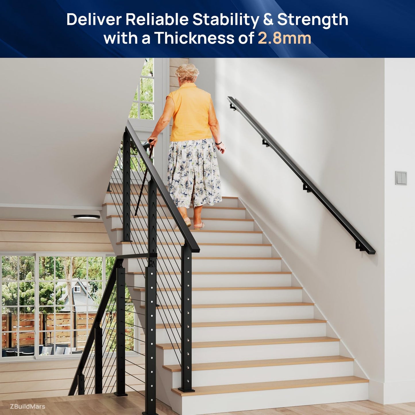 2 Pack 10FTx 2"x1" Aluminum Black Handrail with Self Drilling Screws Nylon End Caps, AAMA 2604 Coating, 2.8mm Thick Flat Handrail Cuttable Top Rail for Deck Stair Railing Indoor Outdoor