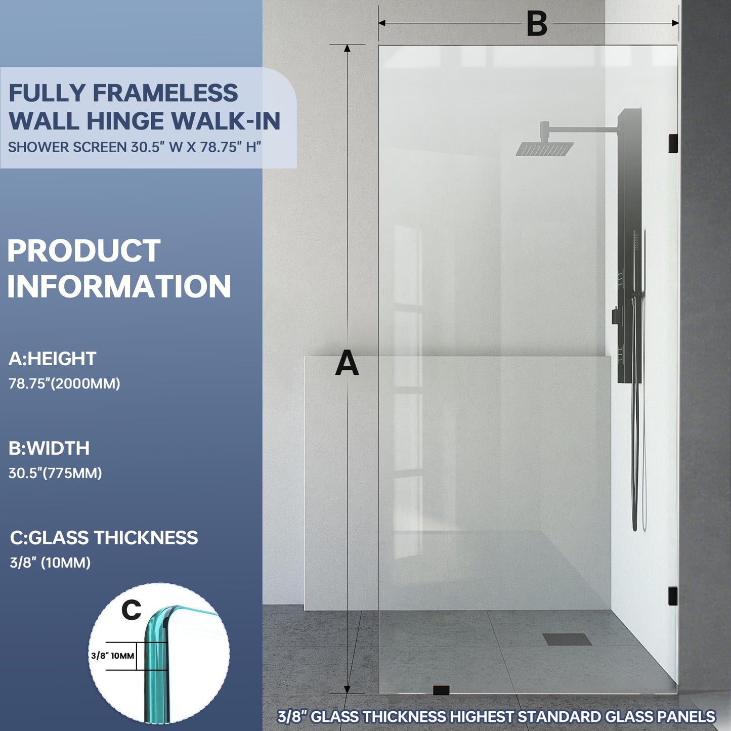 AquivaCoast Shower Door, 30.5"×78.75" Shower Glass Panel for Open Walk-in Bathroom, 3/8" (10mm) Clear Tempered Glass Shower Screen