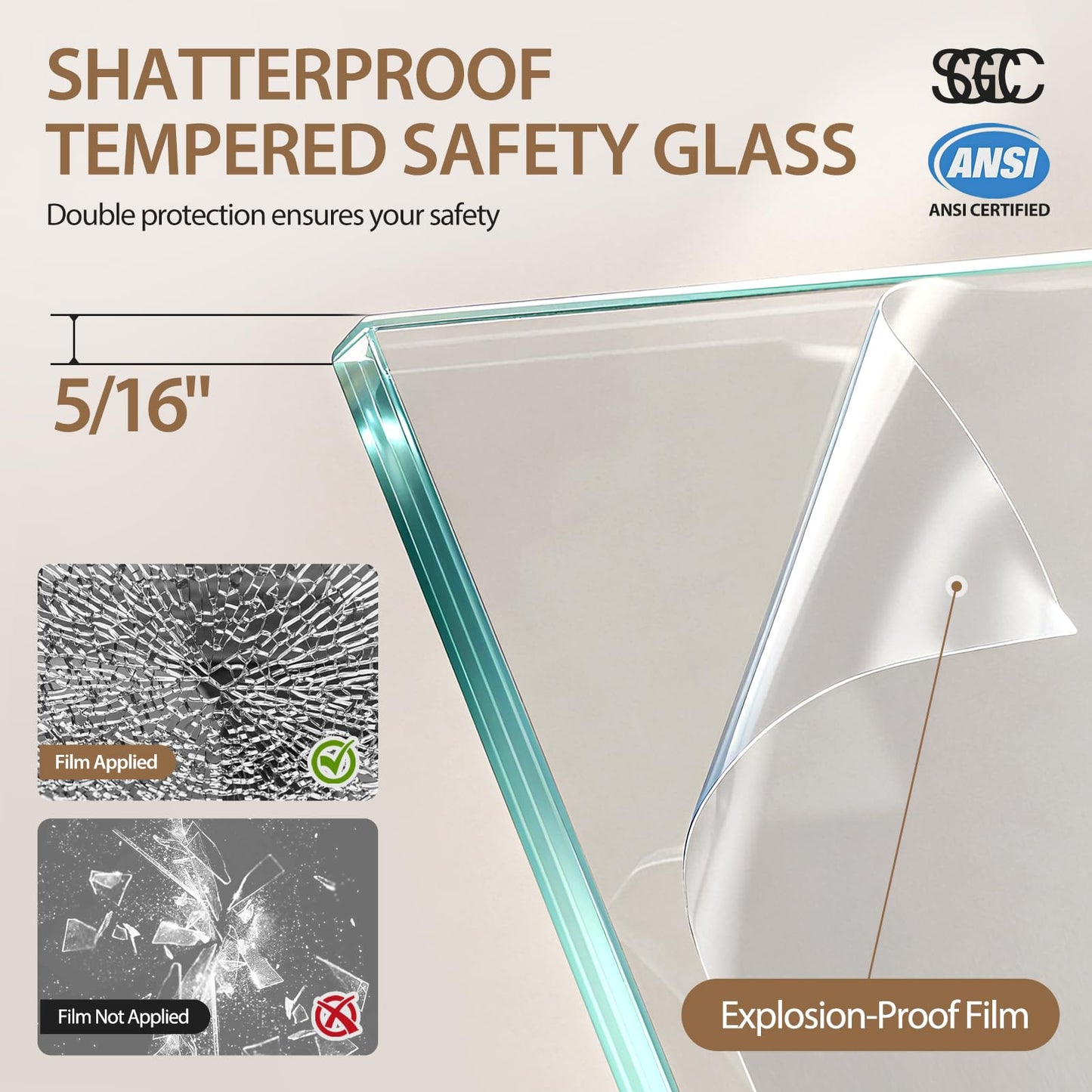 56-60" W x 75" H Glass Shower Door, Frameless Shower Door with 5/16" (8mm) Clear SGCC Tempered Glass, Explosion-Proof Film, Stainless Steel Hardware, Matte Black