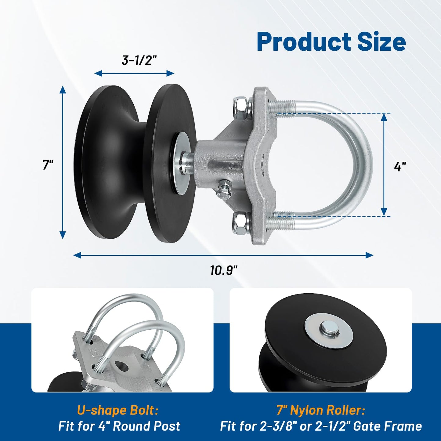 Cantilever Gate Rollers, Nylon Sliding Gate Rollers for 4" Round Post, 2-3/8" or 2-1/2" Chain Link Fence Gate Frames, Sliding Gate Hardware Kit, 1 Pack