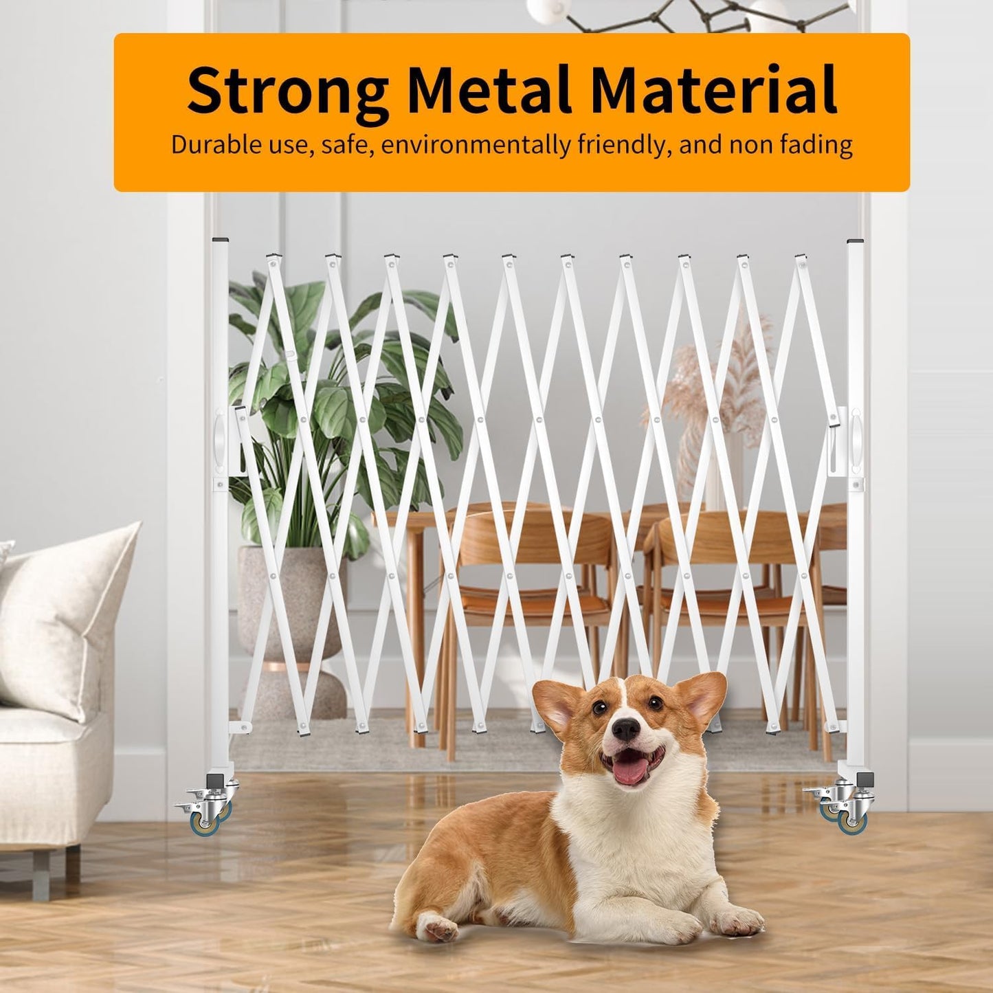 Expandable Barricade Gate,129” Metal Safety Barrier Gate with Casters,Accordion Garden Yard Outdoor Indoor Fence Folding Security Dog Gates Wall Mount,White