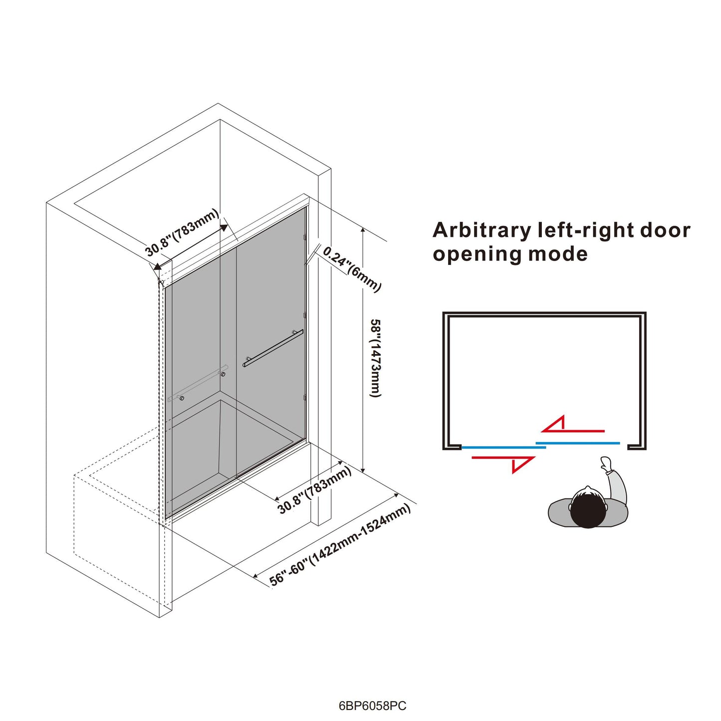 Bathtub Shower Door, 56"-60" W×58" H Framed Double Sliding Glass Shower Door for Bathroom, 1/4"(6mm) Thick Clear Tempered Glass Door with Handles, Chrome Finsh