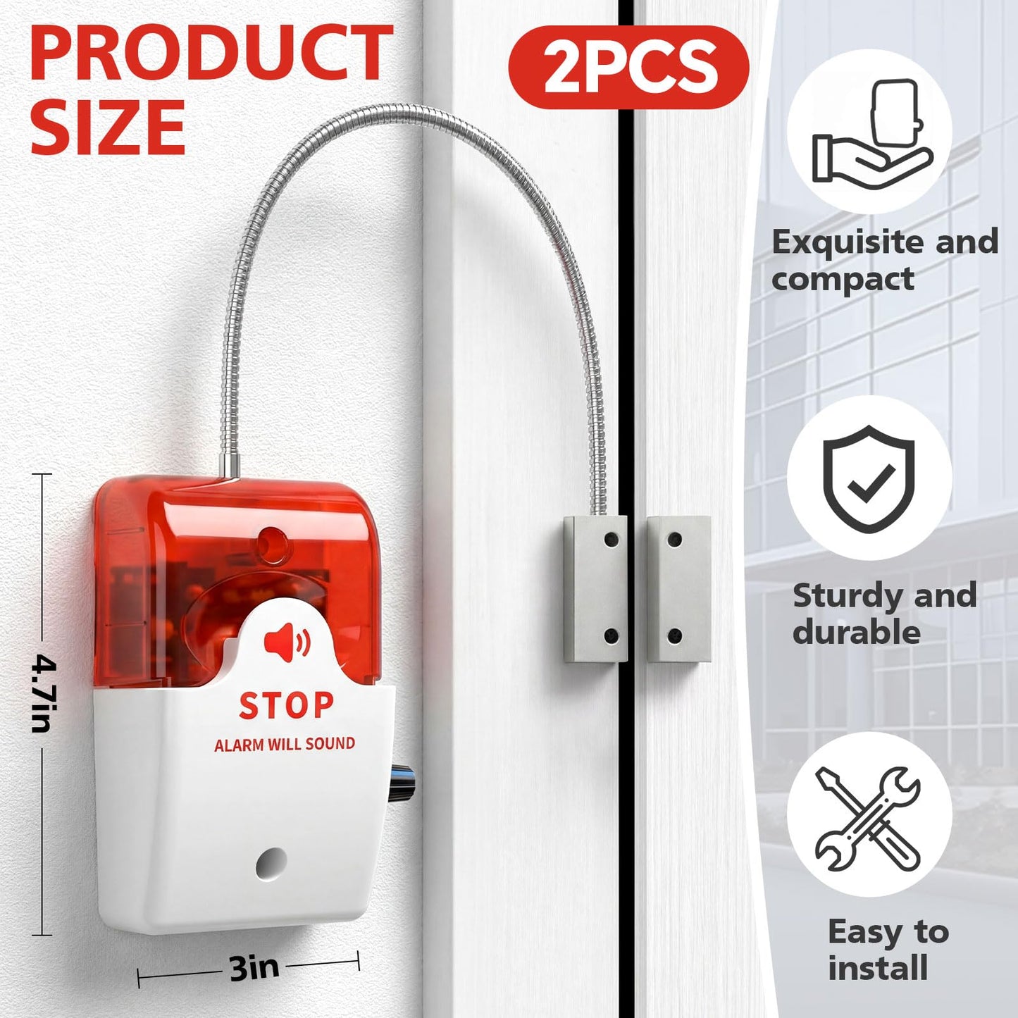 Konohan 2 Pcs Exit Stopper Door Alarm with 110db Siren Emergency Door Alarms When Opened, Easy Installation Battery Powered Magnetic Sensor for Unauthorized Entry Prevent Commercial Warehouse Retail