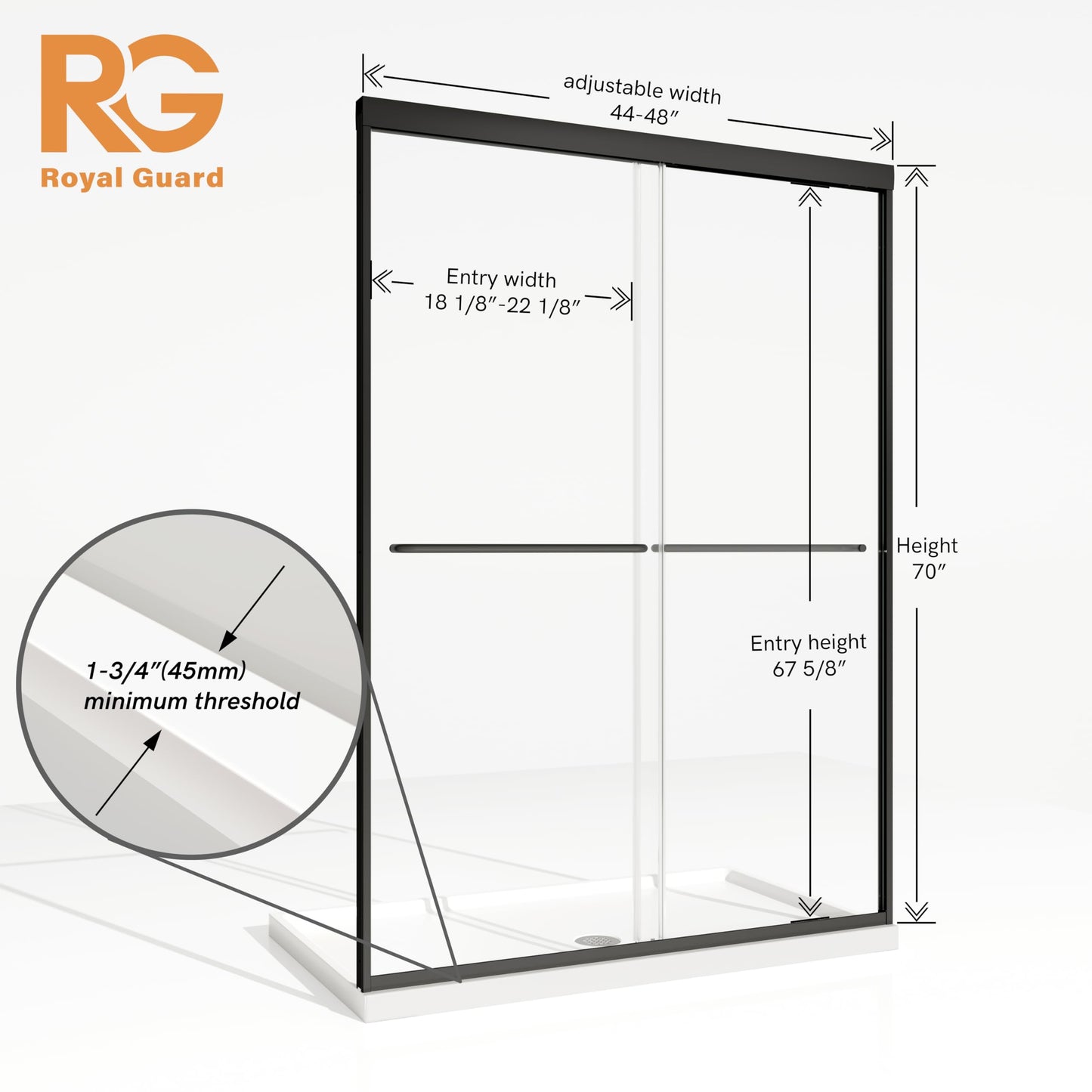 Shower Door,Royal Guard 44-48" W x 70" H Semi-Frameless Double Sliding Glass Shower Door with 1/4'' (6mm) Clear SGCC Tempered Glass,Bypass Shower Enclosure,Matte Black