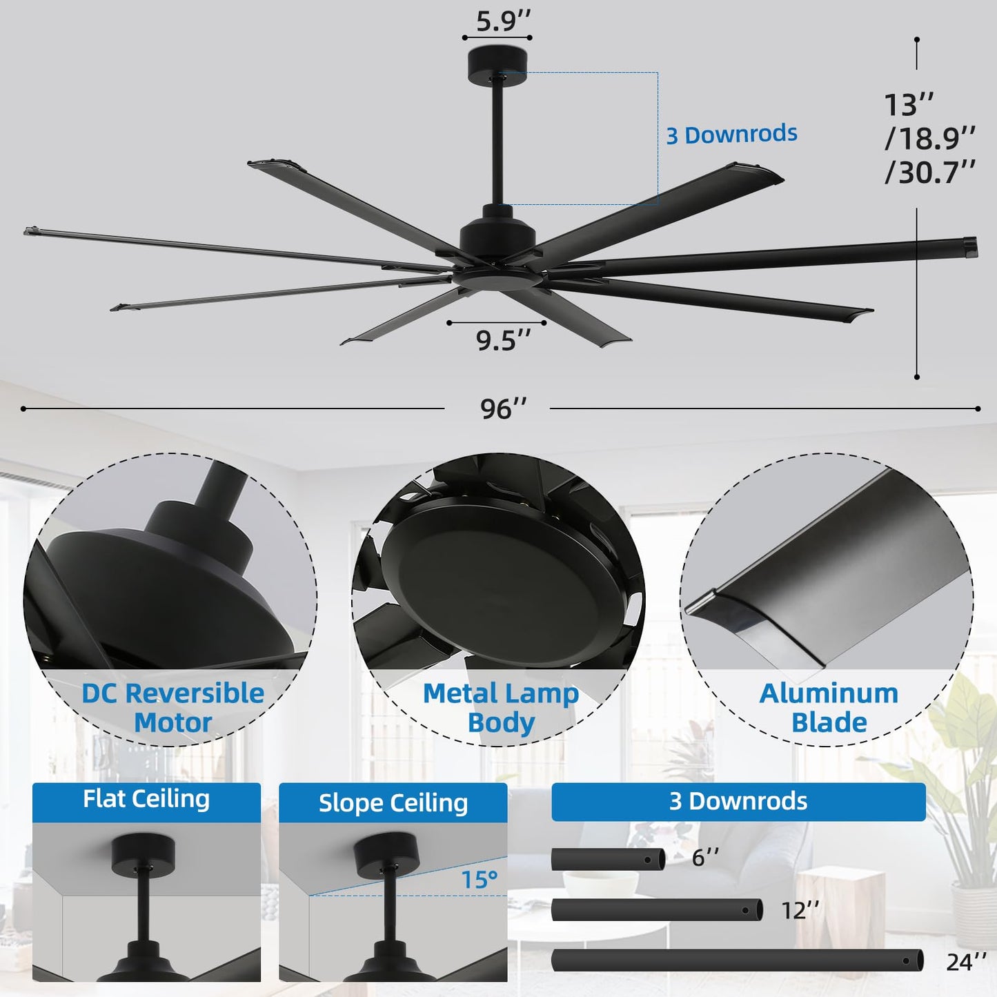 RIENAZA 96 Inch Industrial Ceiling Fans without Lights，Large Ceiling Fan with 8 Reversible Aluminum Blades, 6-Speed Remote Control, Home or Commercial Ceiling Fan for Porch，Garage，Shop