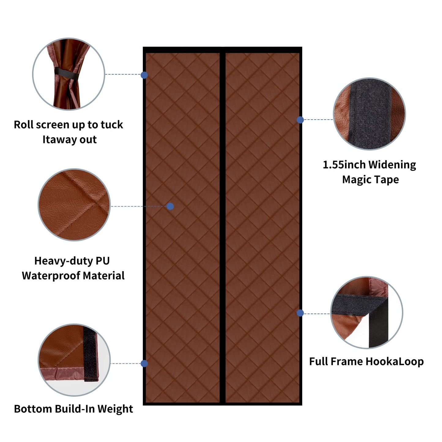 Magnetic Thermal Insulated Door Curtain Thickened, PU Material Hands Free Automatic Closing Durable Windproof Waterproof Door Screen, Fits Door Size up to 34'' x 80'', Brown