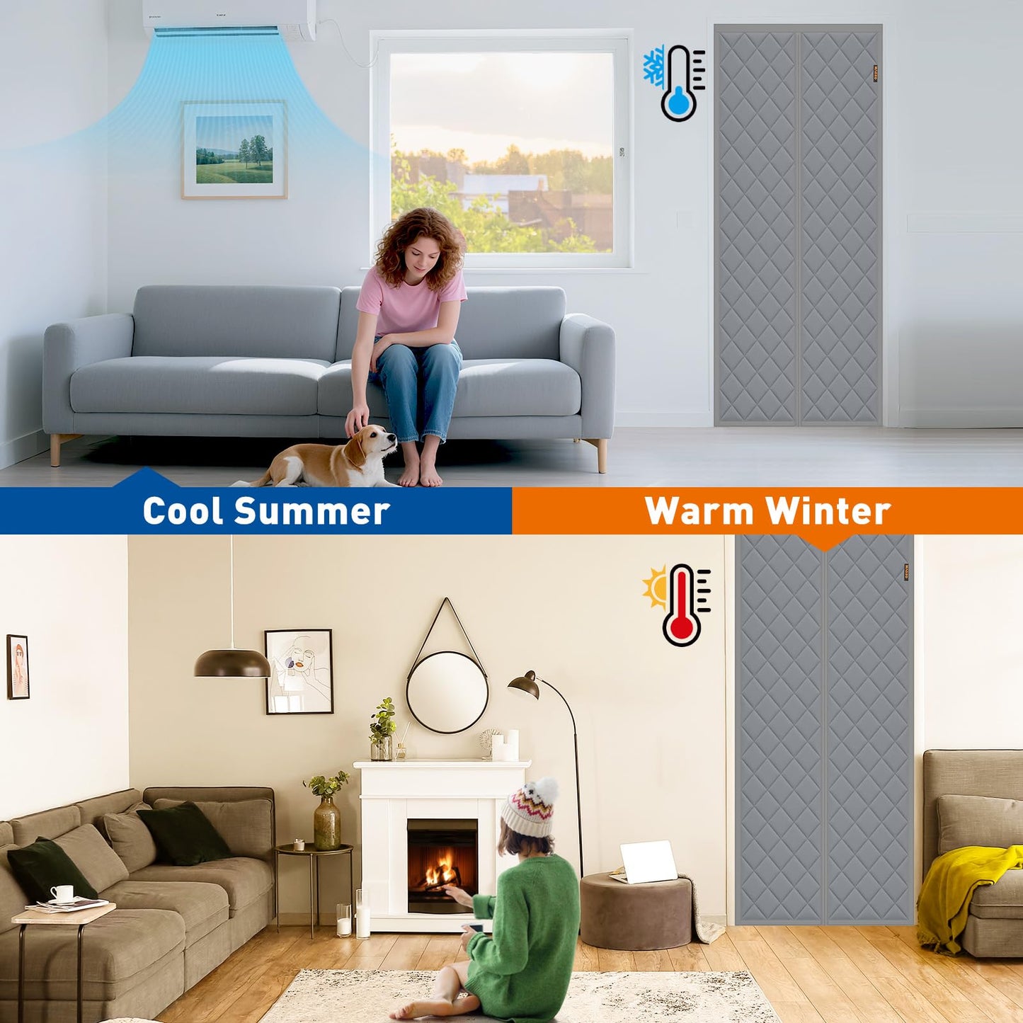 MAGZO Magnetic Winter Thermal Insulated Door Curtain Fits Door Size 30" x 80", Oxford Cloth Strong Magnets Winter Entrance Insulation, Thicken Cotton Entrance Cover for Doorways, Gray