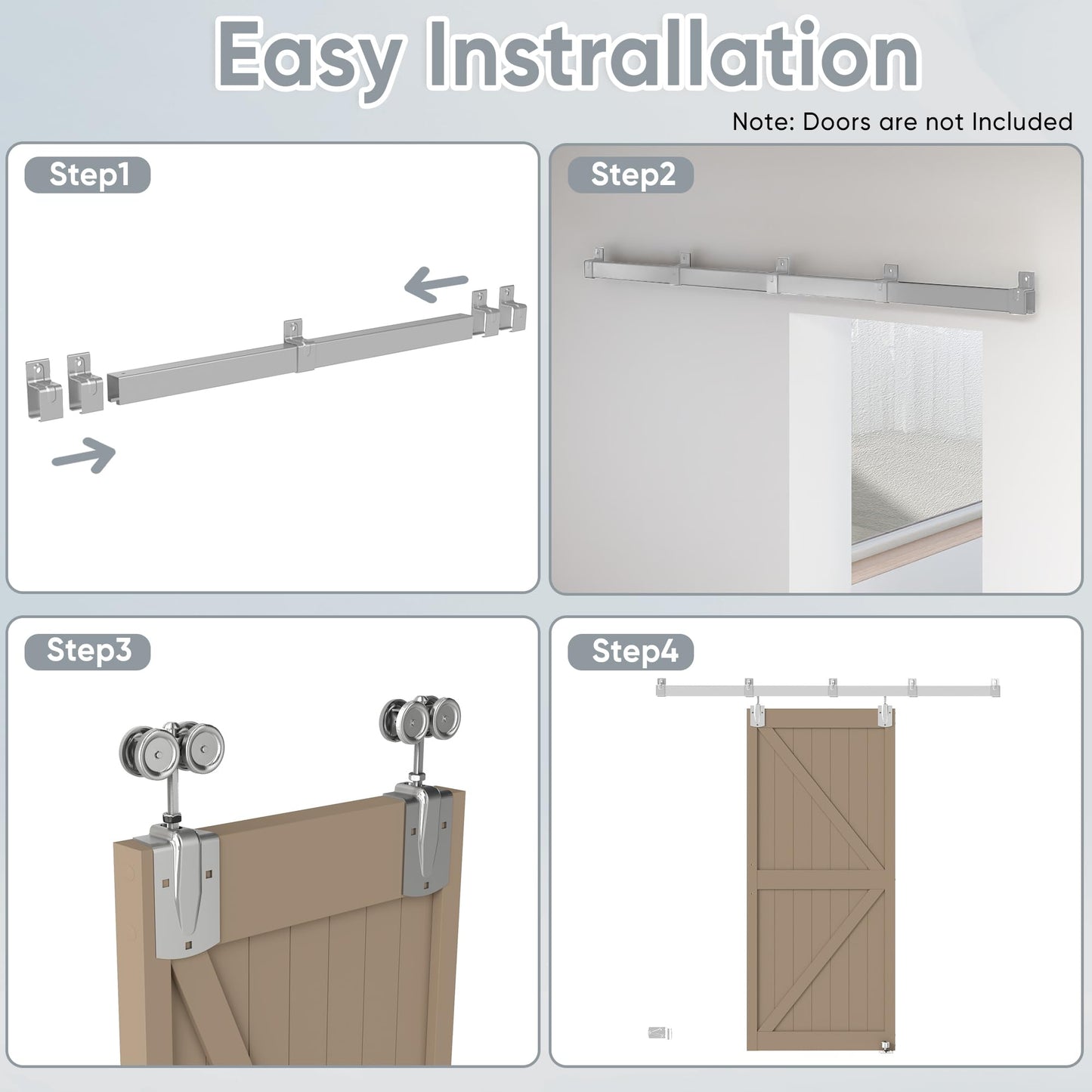 JUBEST 6.6FT Box Rail Exterior Barn Door Hardware Kit, Heavy-Duty Silver Sliding Barn Door Track System, Wall Mount Door Hardware Kits (Door Not Included)