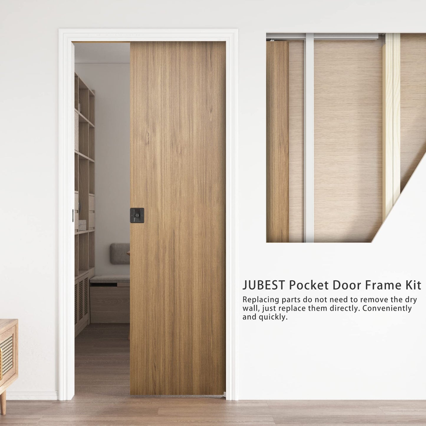 JUBEST 30"x80" Pocket Door Frame Kit with 88LBS Two-Way Soft-Close Mechanism, Durable, Easy to Install Hidden Door Kit, for 24" to 30"x80"