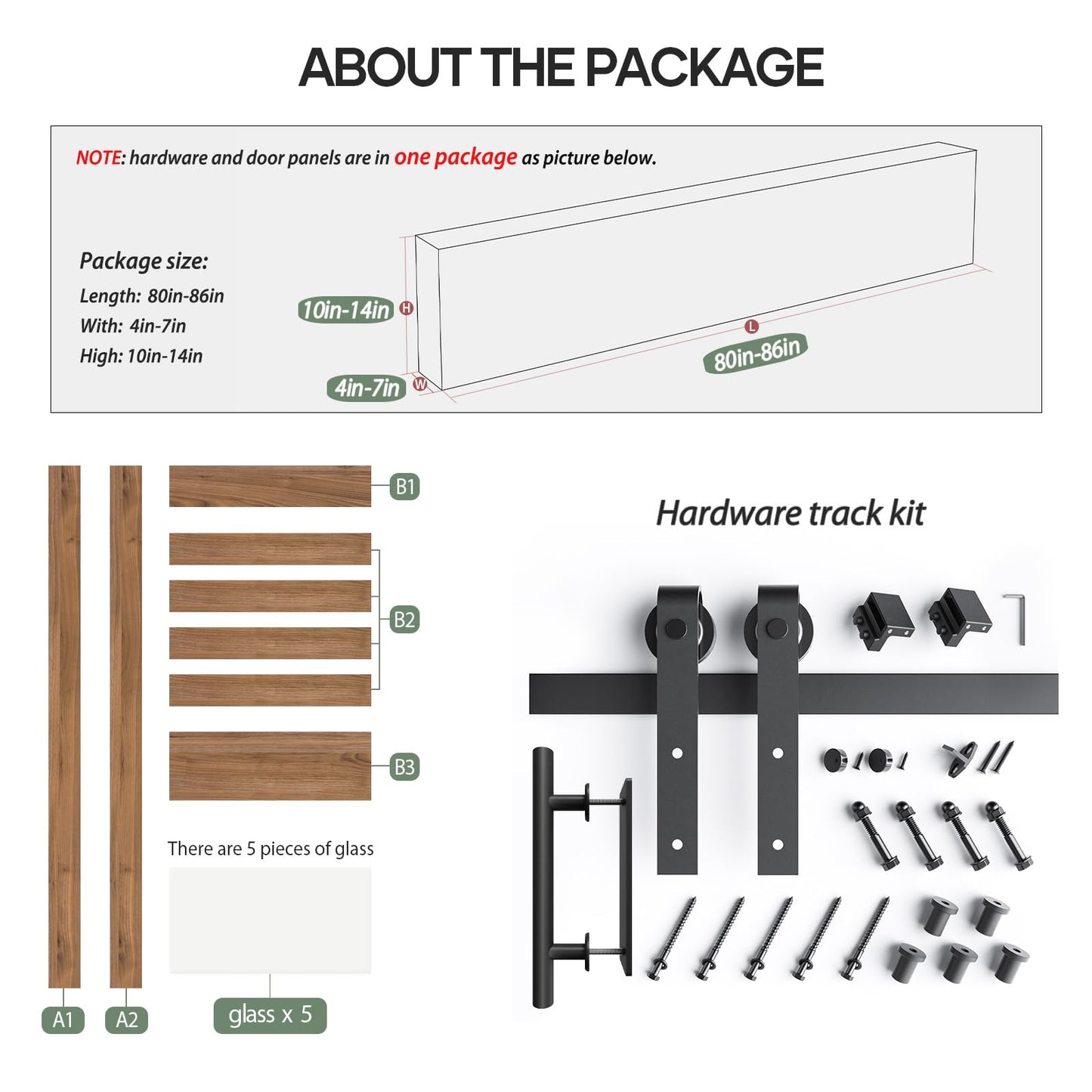 FREDBECK 48 x 84 inch Glass Barn Door with 8FT Barn Door Hardware Kit & Handle Included,5-Panel Frosted Glass,Wood Panel, Water-Proof Surface,Pre-Drilled Holes,Need Assembly