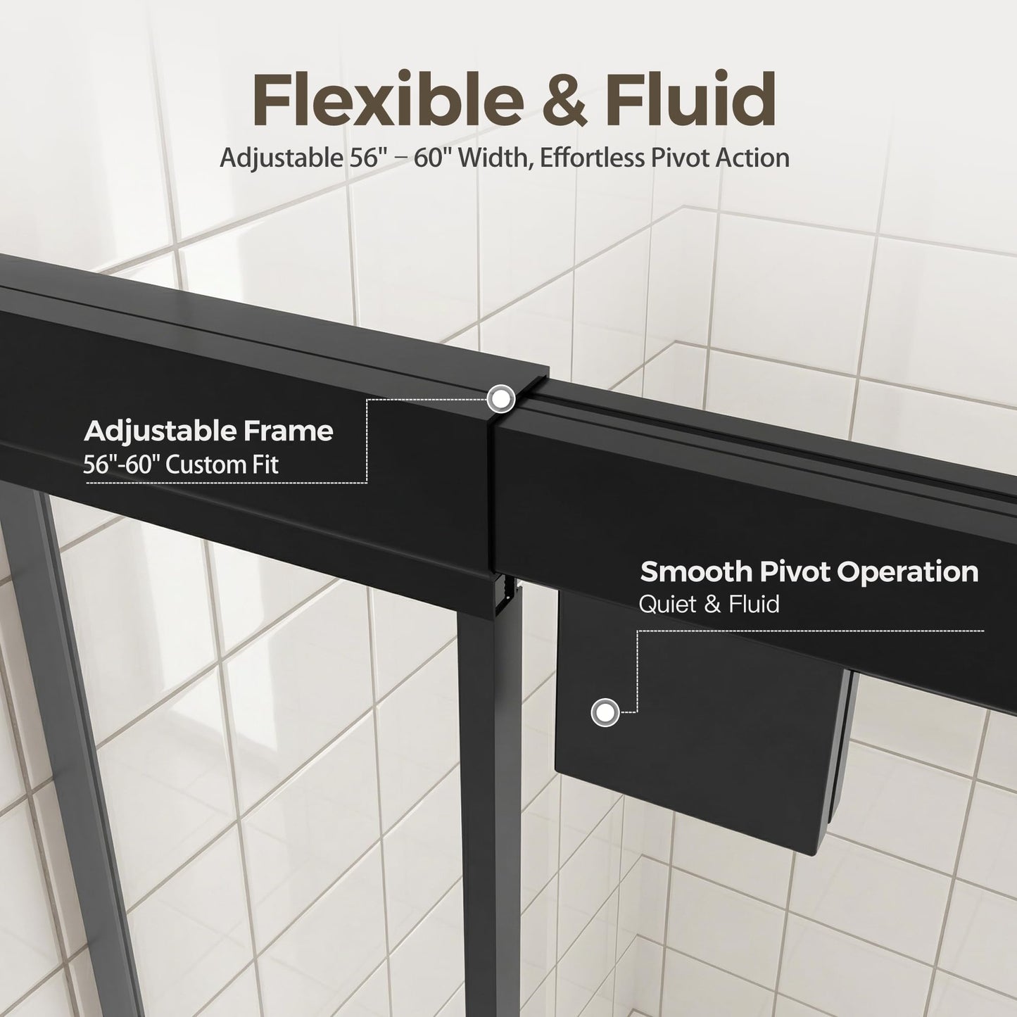 56-60" W x 72" H Pivot Shower Doors, Semi-Frameless Swing Water Repellent Glass Shower Doors with 1/4" (6mm) Clear SGCC Tempered Glass, Matte Black Finish, Reversible Installation, Magnetic Closing