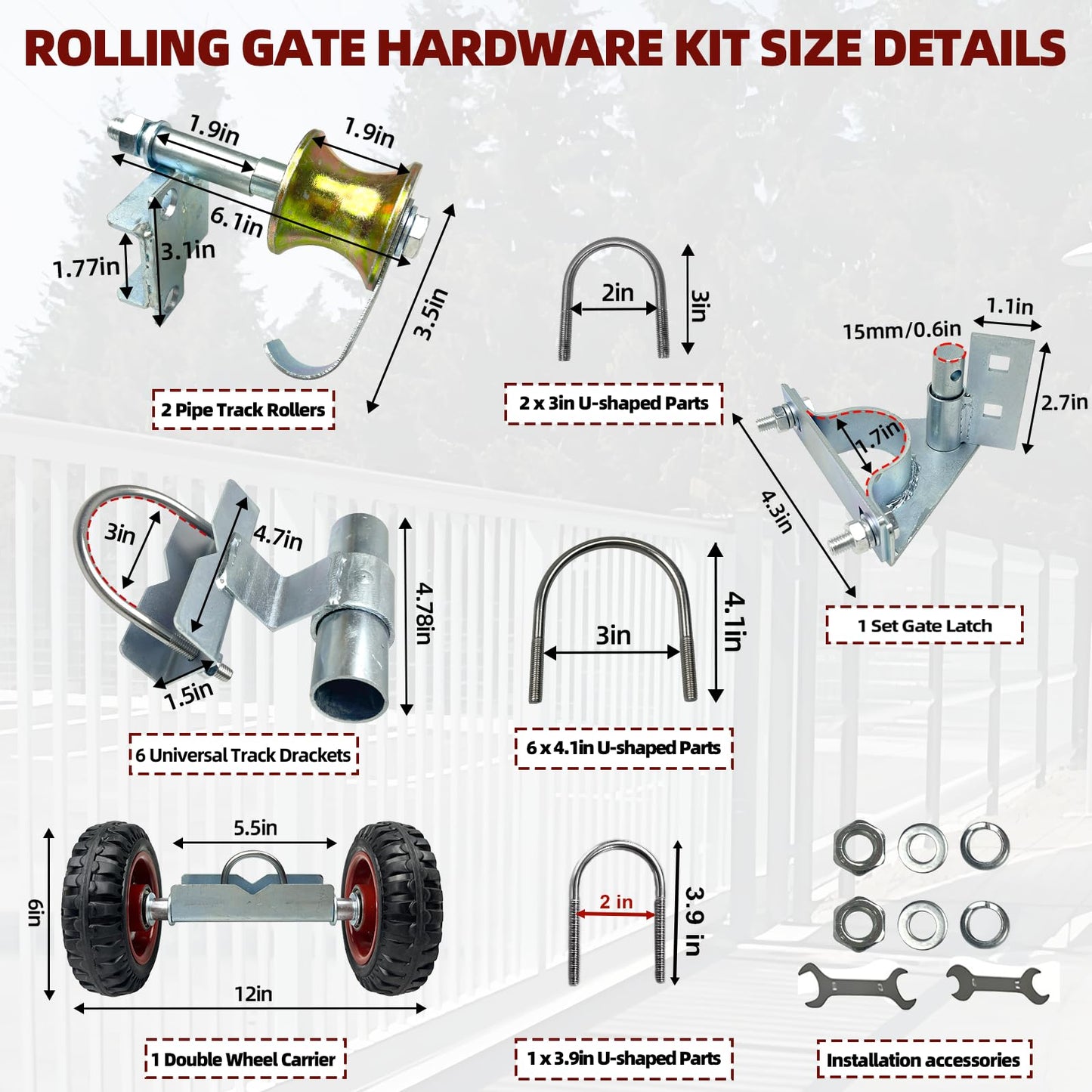 Rolling Gate Hardware Kit for Farm, Fence Gates, Rolling Gates- Includes 6" Double Wheel Carrier, 6 Universal Track Drackets, 2 Pipe Track Rollers, 1 Set Gate Latch, 2 Sets of Wrenches