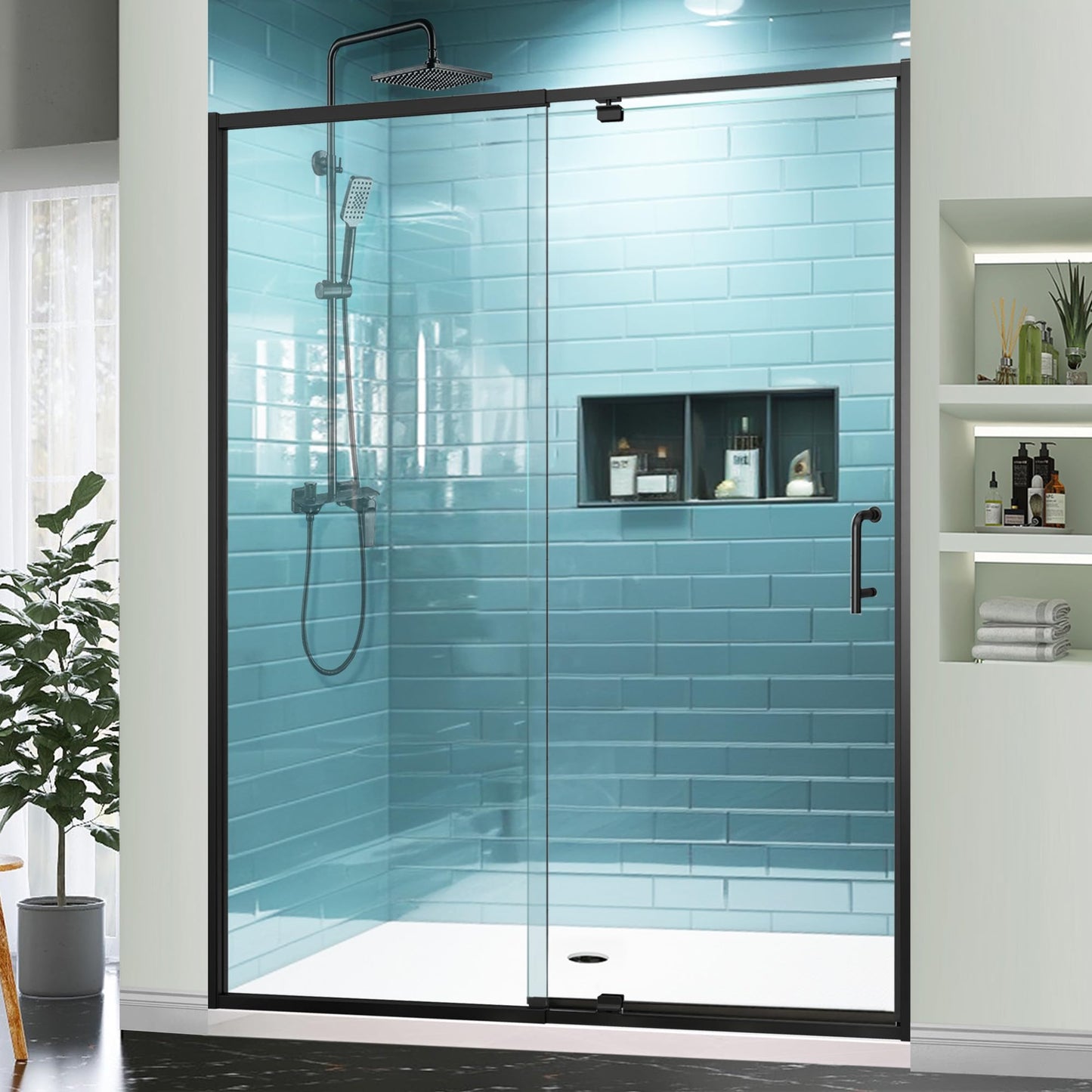 GroGro 56-60" W x 71" H Semi-Frameless Pivot Swing Glass Shower Door,Pivot Shower Door with 1/4" (6mm) Clear SGCC Tempered Glass,Matte Black Finish,Reversible Installation