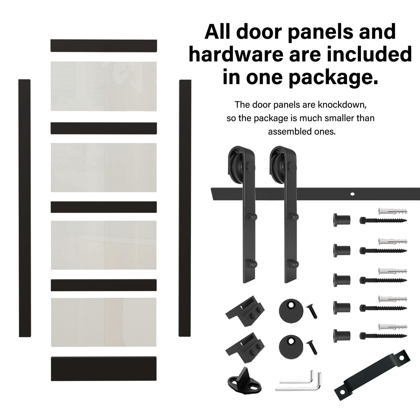 30" x 84" 5-Lites Frosted Glass Sliding Barn Door and Hardware Kit Included & 6FT Track & Handle, Easy Assembly for Mortise and Tenon Structure, Sturdy MDF Barn Door, Privacy Protection, Pre-Drilled