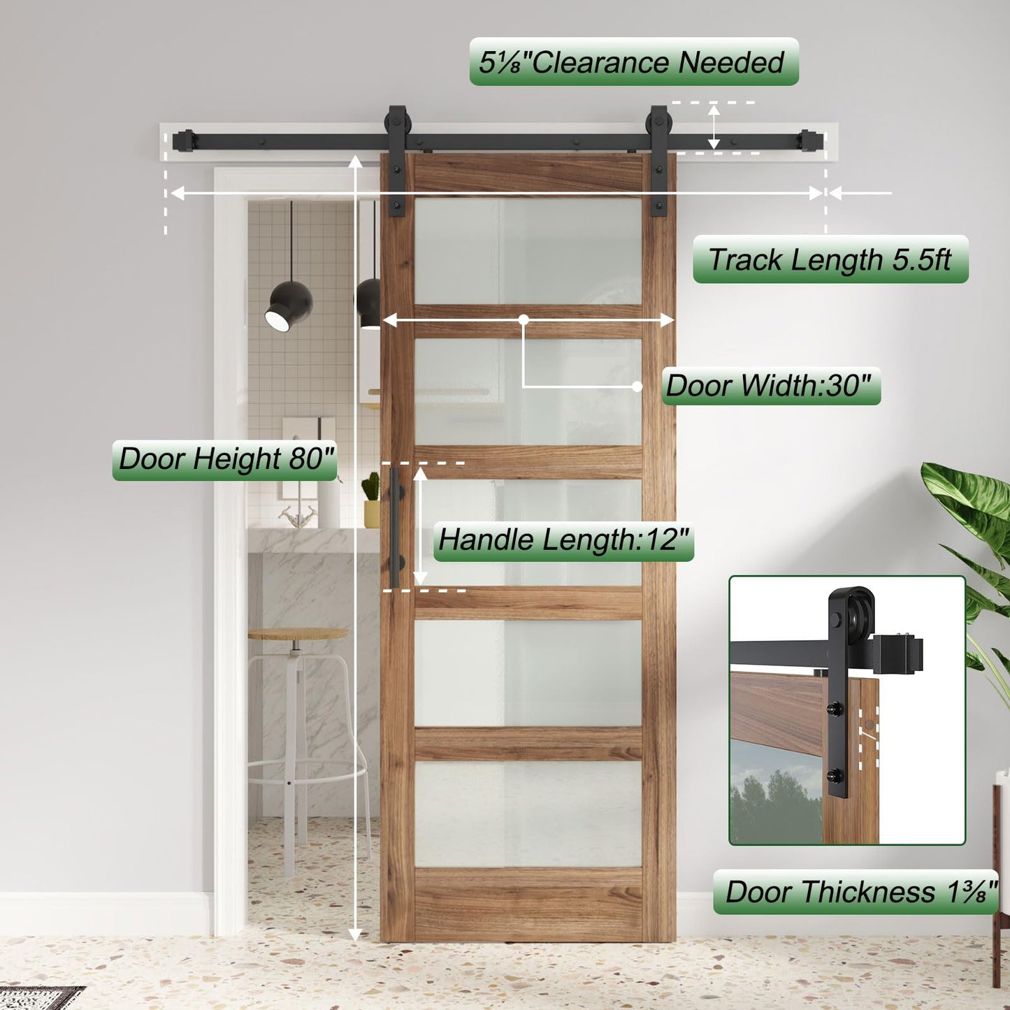 FREDBECK 30in x 80in inch Glass Barn Door with 5.5FT Barn Door Hardware Kit with Handle Included,5-Panel Frosted Glass,Wood Panel,Water-Proof Surface,Need Assembly…