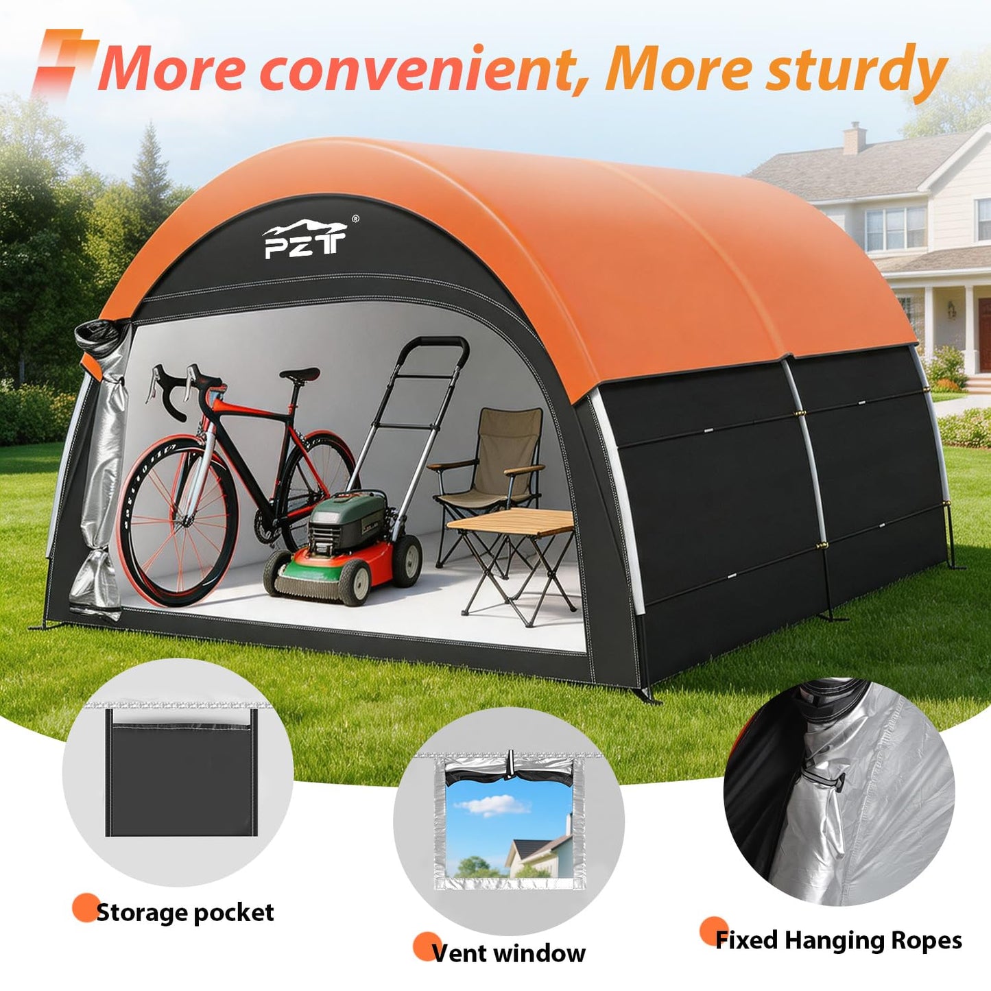 PZT Upgraded Bike Tent with Rain Cover, Portable Outdoor Storage Shed for 8-10 Bikes, 210D Oxford Fabric PU4000 Waterproof, Bike Shed/Bike Cover for Motorcycles, Garden Tools, Lawn Mower