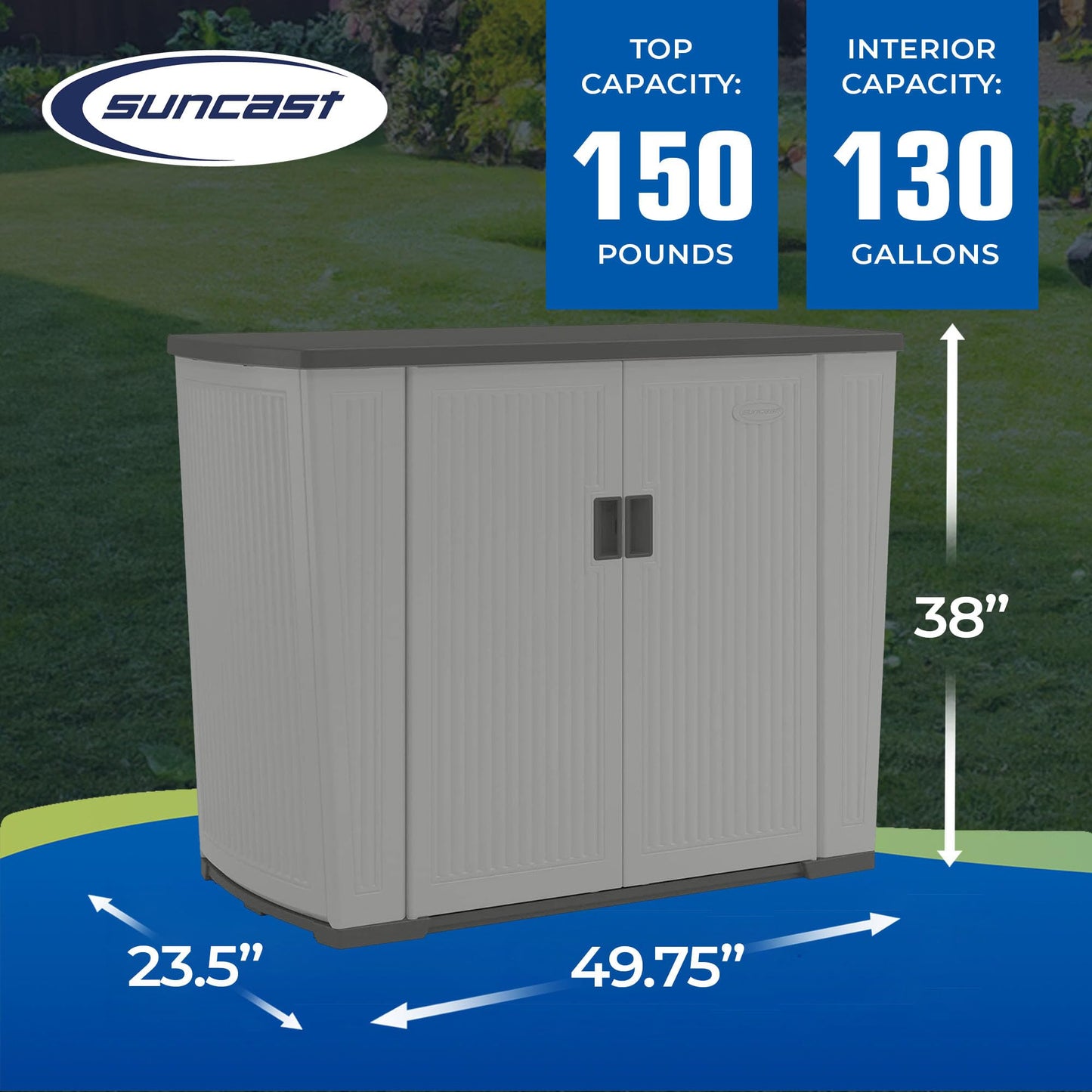 Suncast 130-Gallon Backyard Oasis Basic Unit Lockable Outdoor Storage Cabinet, Peppercorn, Made in The USA
