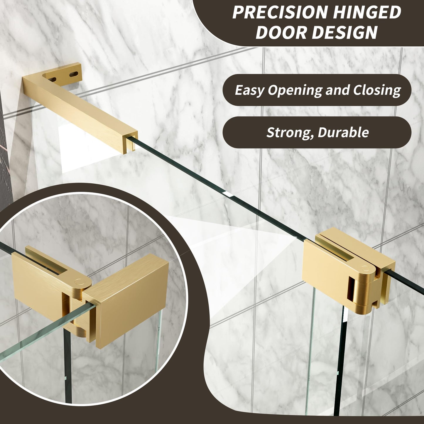 BILVOS 44-48" W x 70" H Frameless Pivot Shower Door, Semi-Frameless Hinged Shower Door with 5/16" (8mm) Clear SGCC Tempered Glass, Brushed Gold Pivot Shower Glass Door, Reversible Installation
