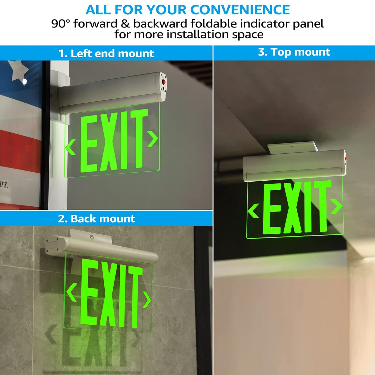 LEONLITE Green Emergency Exit Sign, UL 924, LED Edge Lit Exit Sign, Hardwired Exit Lights with Battery Backup, Double Sided, Rotating Acrylic Clear Panel, Top/Side/Wall Mount, AC 120/277V, Pack of 4
