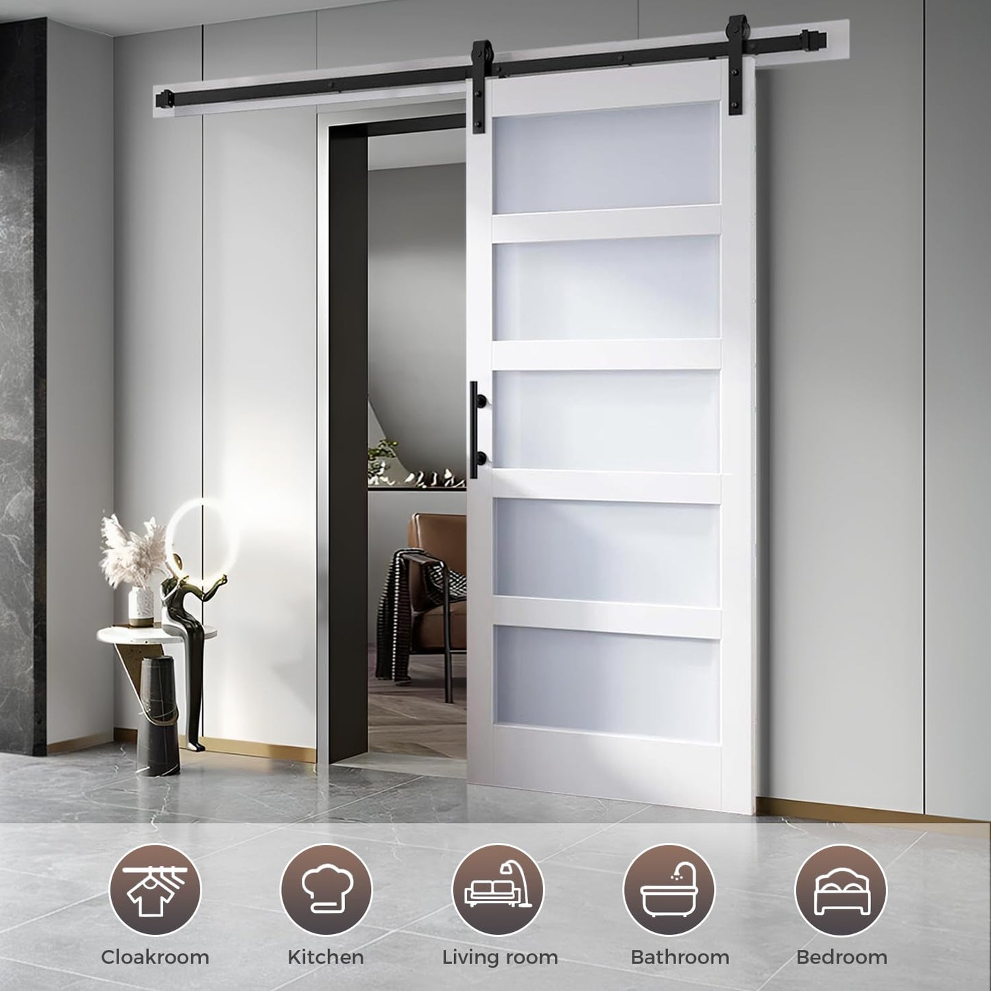 S&Z TOPHAND 36in x 84in Glass Sliding MDF Barn Door with 6.6FT Sliding Door Hardware Kit, 5 Tempered Frosted Glass, Slab Inside Covered with Water-Proof PVC Surface, Simple DIY Assembly