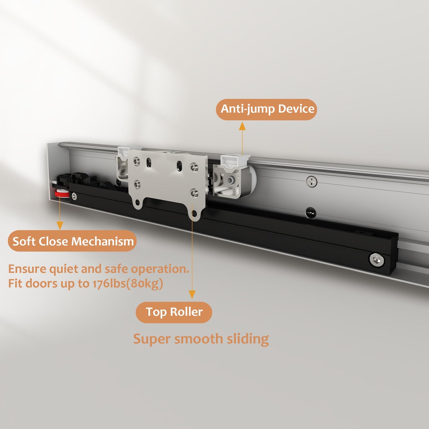 JUBEST 42" Concealed Barn Door Hardware Kit with Soft Close Mechanism, Wall Mounted Invisible Sliding Door Track for Opening Width 34" to 38", Hidden Barn Door Hardware Kit, Door Needs Groove