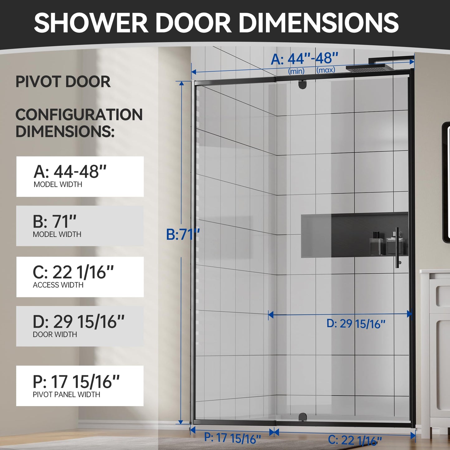 Findepot 44-48" W x 71" H Pivot Glass Shower Door, Pivot Shower Door with 1/4"(6mm) Clear Glass, Matte Black