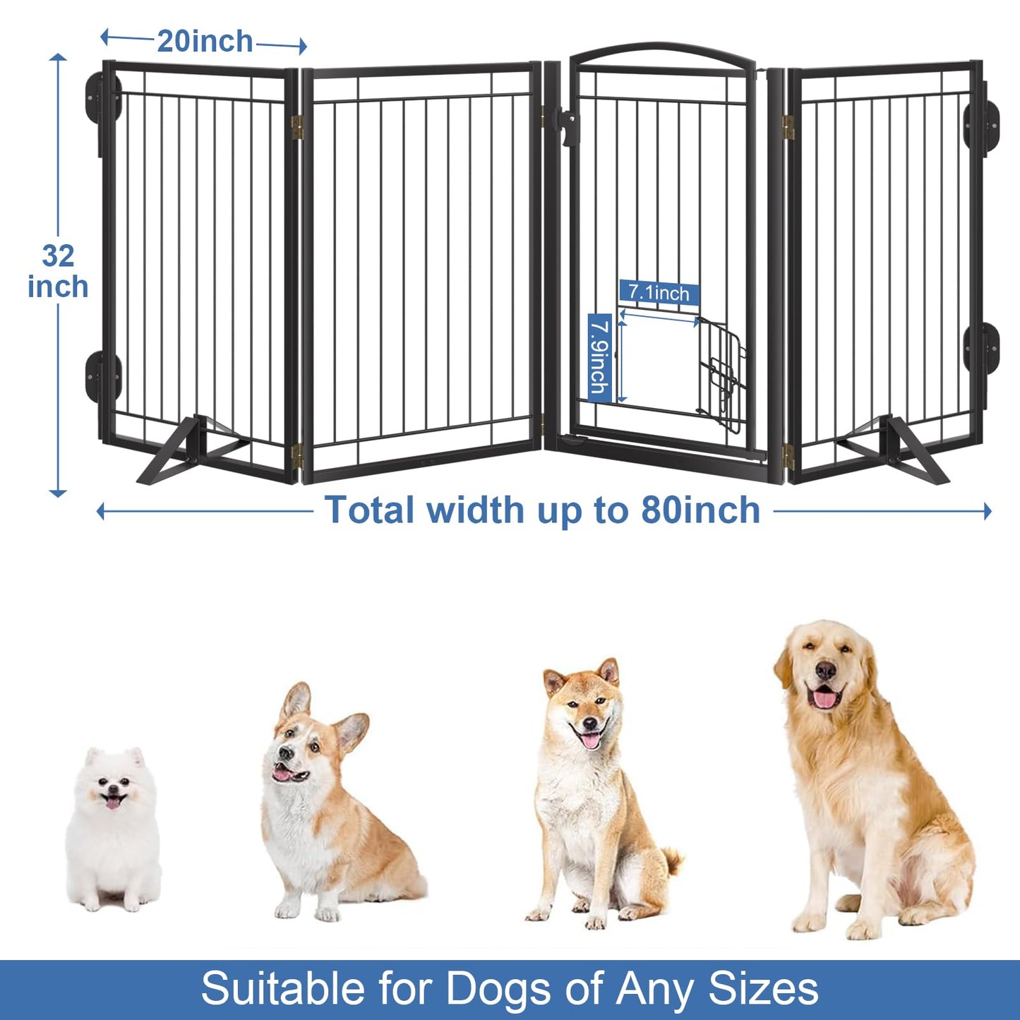 Full Metal Freestanding Dog Gate with Cat Door for Indoor & Outdoor,32" Tall Foldable Dog Fence,80" Extra Wide Freestanding Pet Gate for Large Openings,Stairs,Deck,Yard,Doorways(4 Panels,Black)