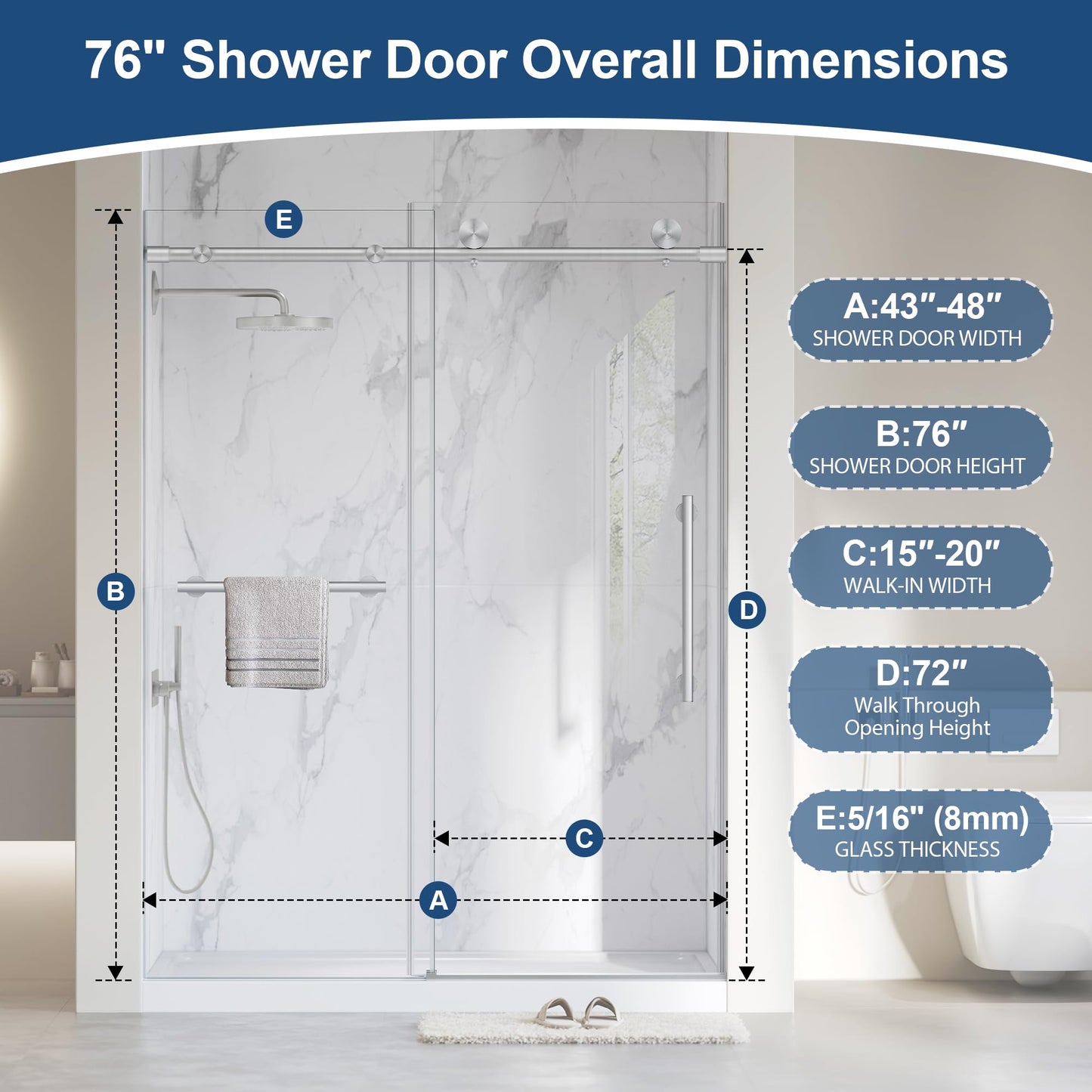 Frameless Shower Door,5/16" (8mm) Glass Sliding Shower Door with Soft-Close & Anti-Leak,Nano Coating Anti-Explosion Film SGCC Tempered Glass 43"-48" X 76"H,Brushed Nickel