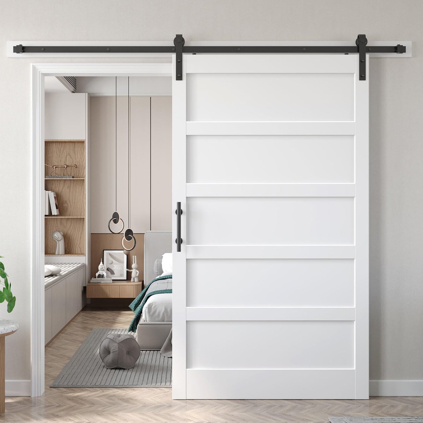 Fredbeck 48x84 inch White Barn Door with 8FT Sliding Door Hardware Kit Included & Handle,MDF,Solid PVC Surface,DIY Assembly,5-Panel,Fit 45in-47in Opening