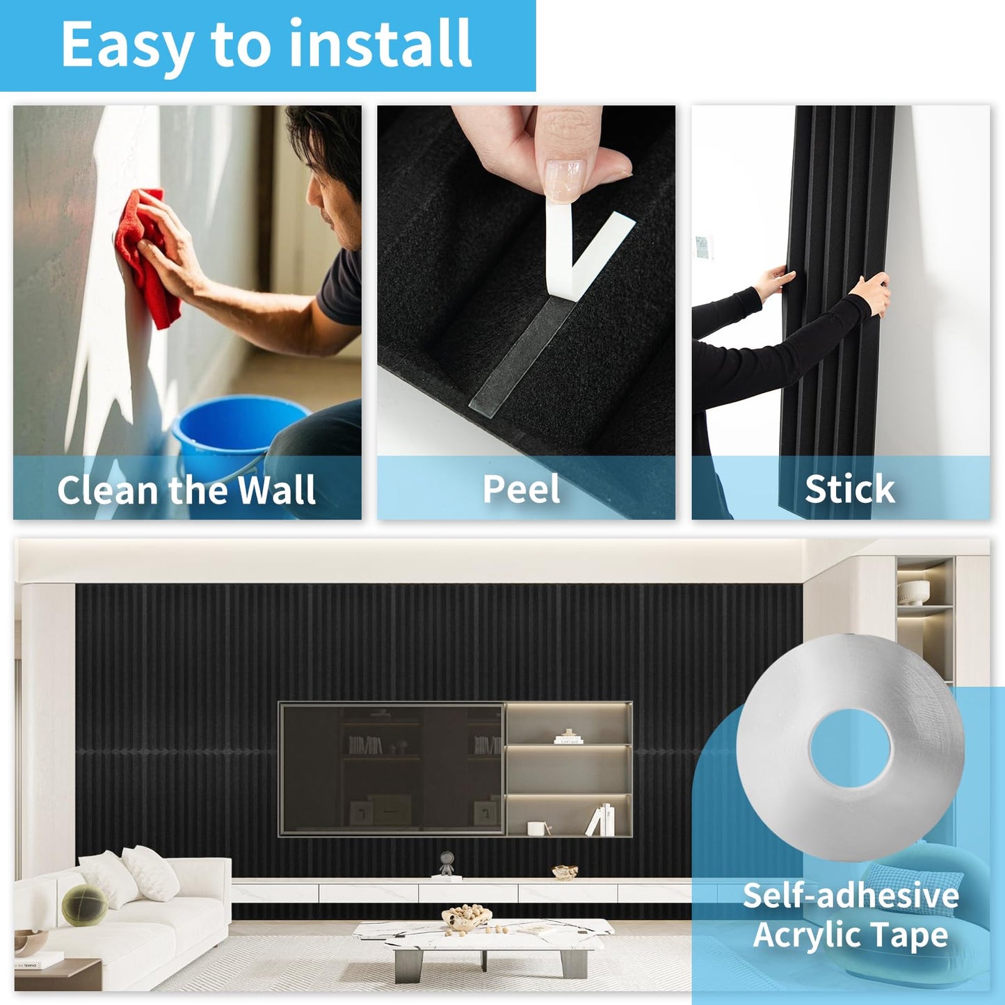 Art3d 10-Pack Peel and Stick Acoustic Panels with Acrylic Tape - 12 x 48 inches, Self Adhesive Sound Absorbing Polyester Wall Panels for Home Office Studio, Black