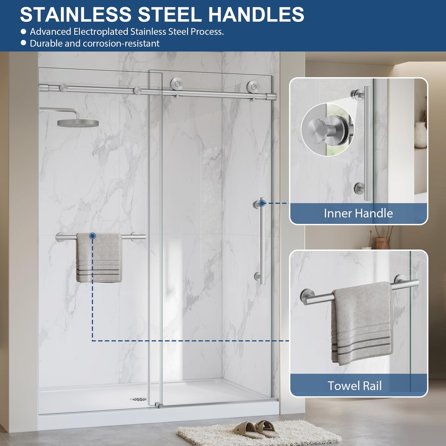Frameless Shower Door,5/16" (8mm) Glass Sliding Shower Door with Soft-Close & Anti-Leak,Nano Coating Anti-Explosion Film SGCC Tempered Glass 43"-48" X 76"H,Brushed Nickel