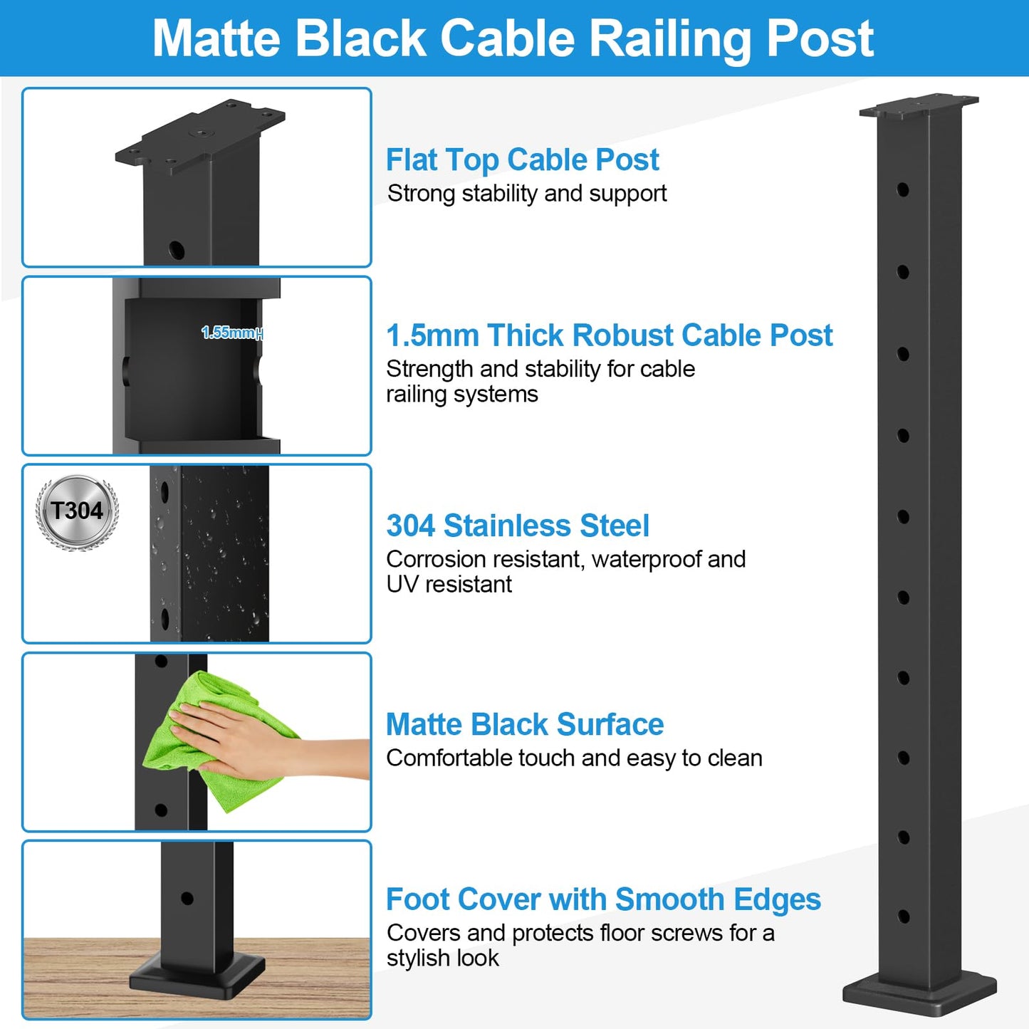 RailinGo 36" Complete Set Cable Railing Post Kits, Swageless Cable Rail System Includes 4Pack 35" Level Drilled Posts, 3Pack 4.5FT Cable Handrail w/Connectors, 1/8" 250FT Wire Rope, Black Wire Railing