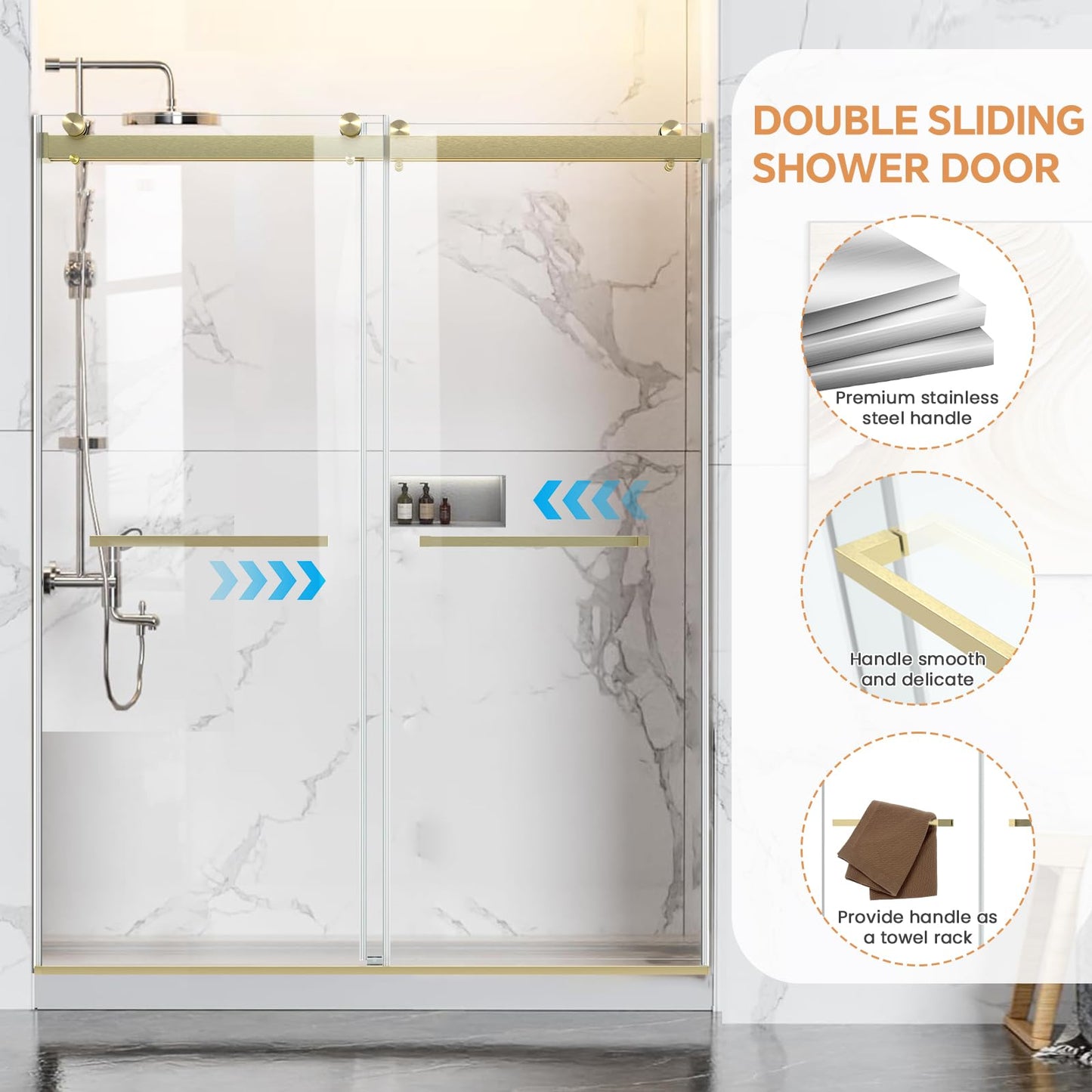 AquivaCoast Frameless Shower Door, 56-60 in W x 76 in H, Soft-Close Double Sliding Shower Door, 5/16" (8mm) Clear Tempered Glass with Double Rollers, Brushed Gold