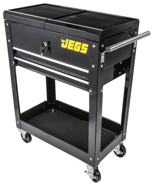 JEGS Heavy-Duty Tool Box Cart | 220 LBS Capacity | Uses Four 4" Caster Wheels | Includes 2 Keyes and 6 Drawer Liners | Black with JEGS Logo | 2 Locking Drawers | Sliding Top