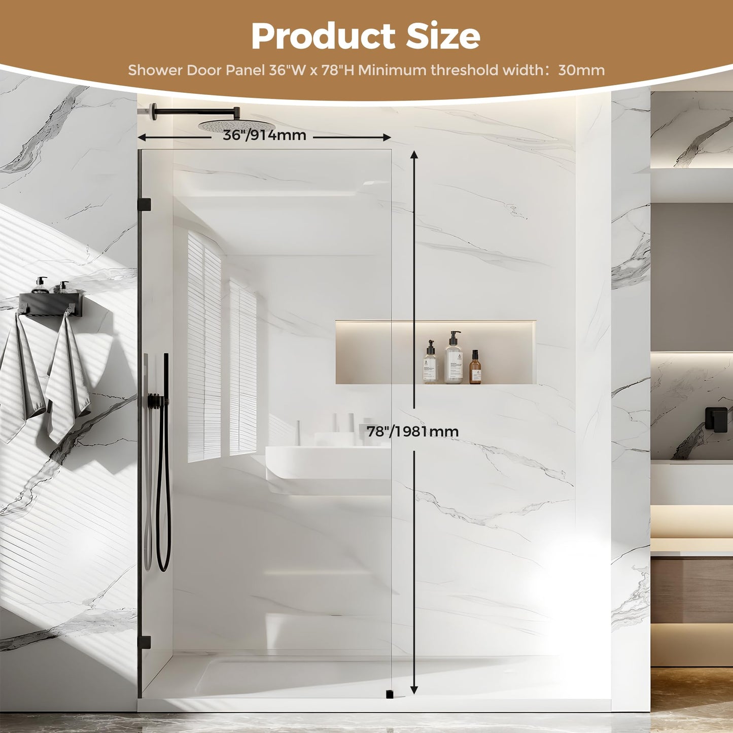 Shower Glass Panel Fixed Shower Screen, 36” W x 78” H 3/8” 10mm Single Frameless Shower Doors for Walk in Shower with Clear Tempered Glass Explosion-Proof Film for Bathroom, Matte Black Hardware