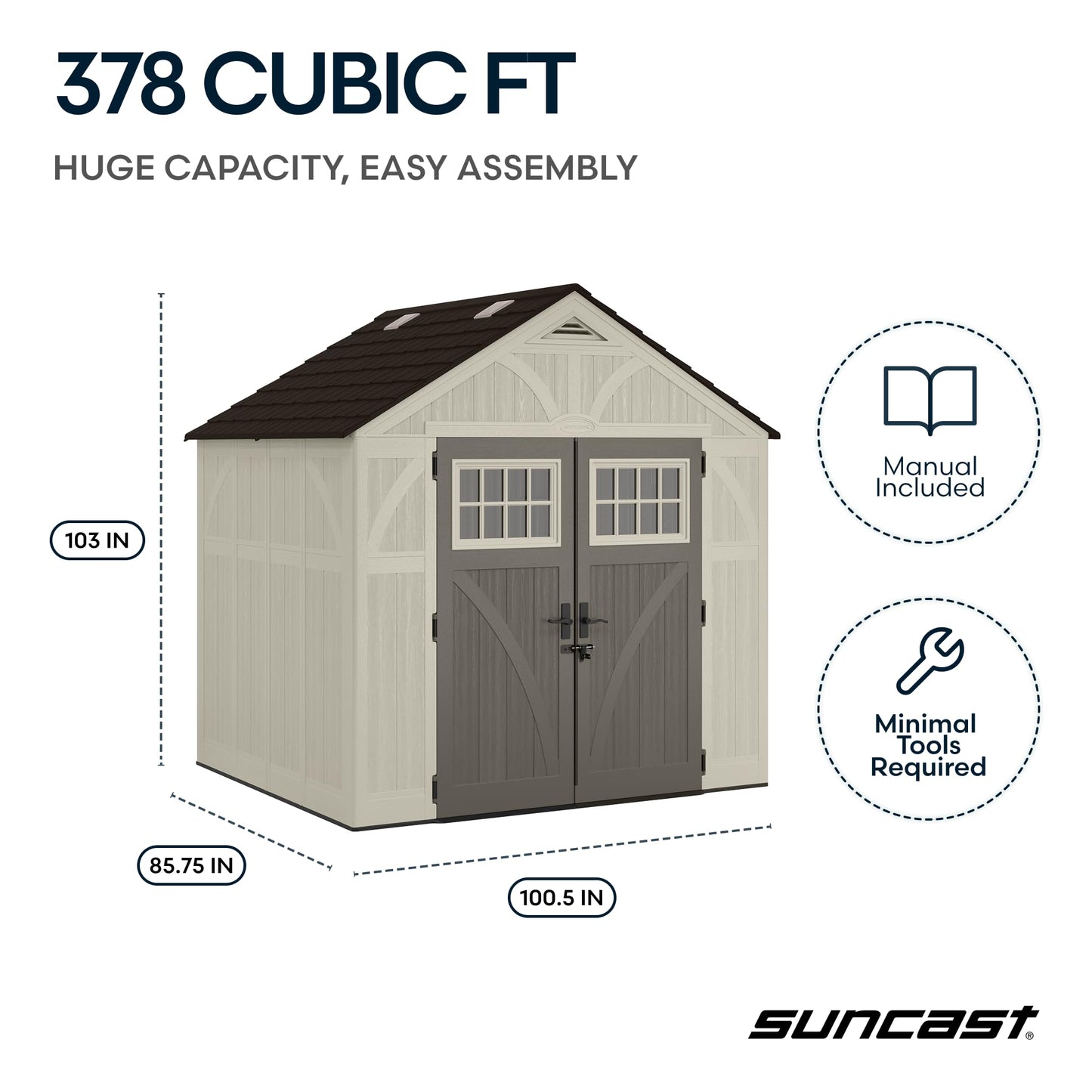 Suncast 8x7 Ft. Outdoor Storage Shed - Large Resin Shed with Floor, Lockable Double Doors, & Skylights. 378 Cu Ft Tremont Garden Sheds & Outdoor Storage for Lawn Tools, Riding Mowers, Bikes, & More