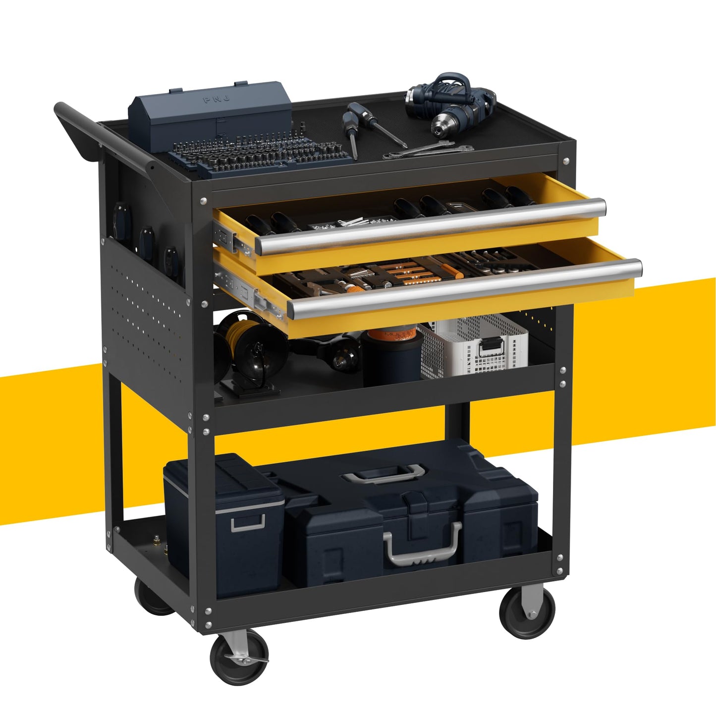 VDEVY 5-Tier Rolling Tool Cart on Wheels, Tool Storage Organizer for Mechanic, Heavy Duty Utility Cart with Drawers, Pegboards, Locking System, Suitable for Garage, Workshop, Warehouse