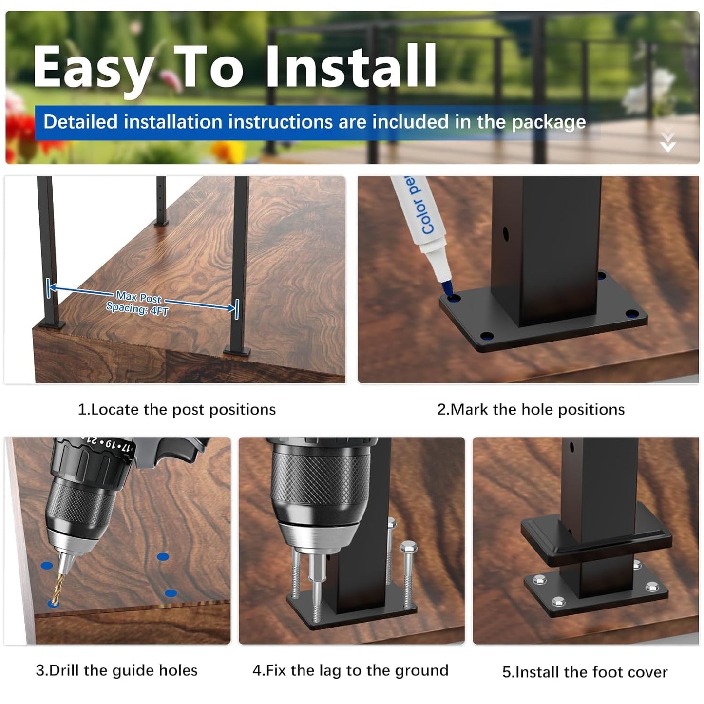 Zylorix 2Pack 42" 3-Sides Cable Railing Corner Post T304 Stainless Steel 90° T-drilled Post, 41"x2"x2" Surface Mount Fixed Top Black Cable Railing System Kit for Decks Balconys with Wire Grommets